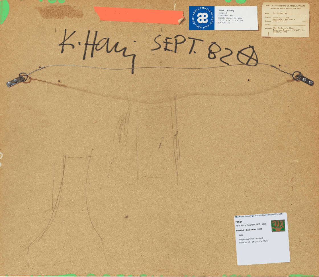 Keith Haring signed the back of his artwork, “Untitled”