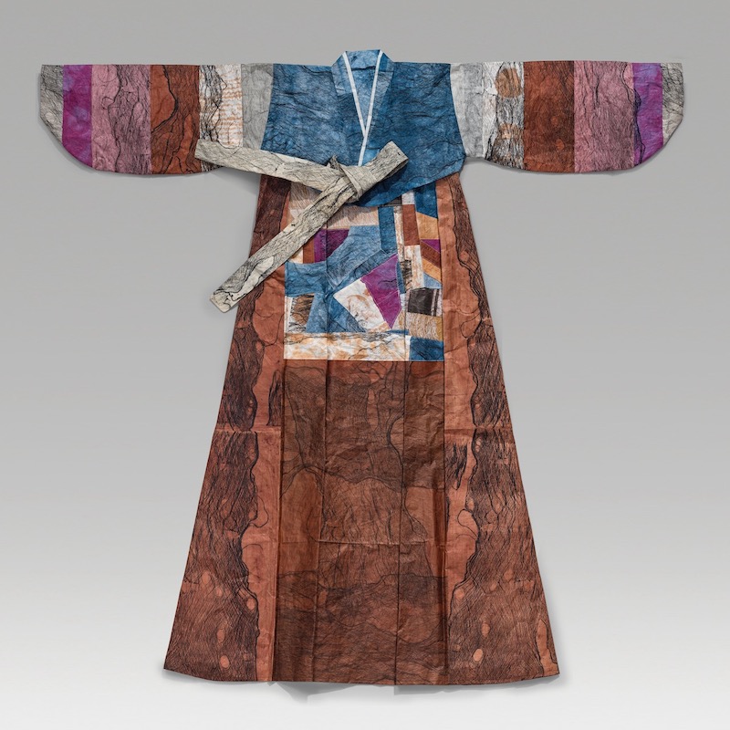 "Multi" (2023, ink printed beaten and laced paper mulberry bark and natural dye on hanji, thread)