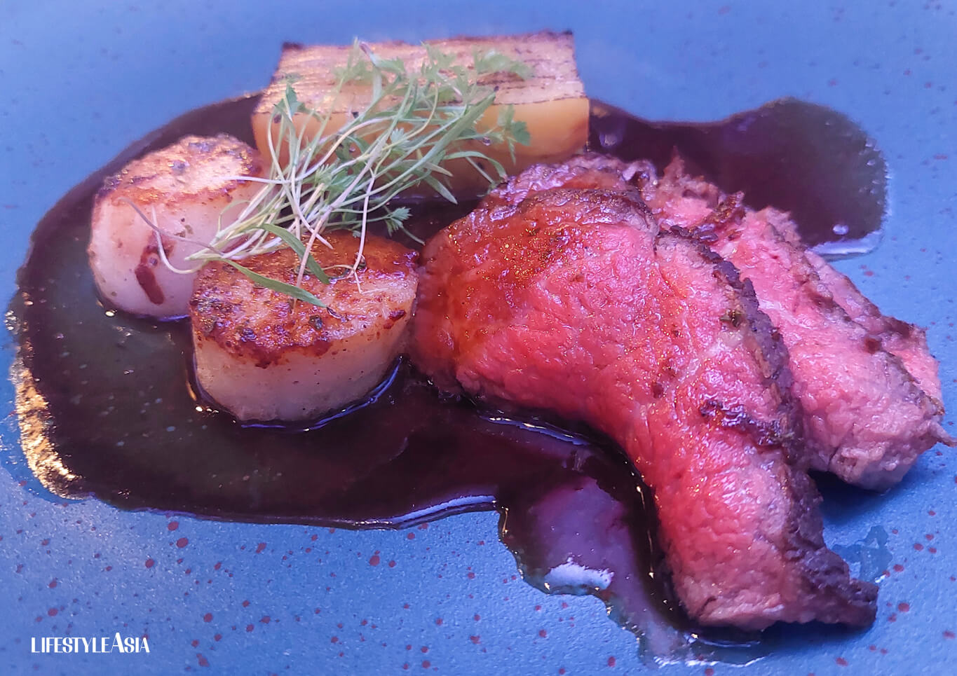 A4 Tenderloin, Hokkaido Scallops, Wagyu Demi-glace, Brown Butter, and Yuzu Koshō