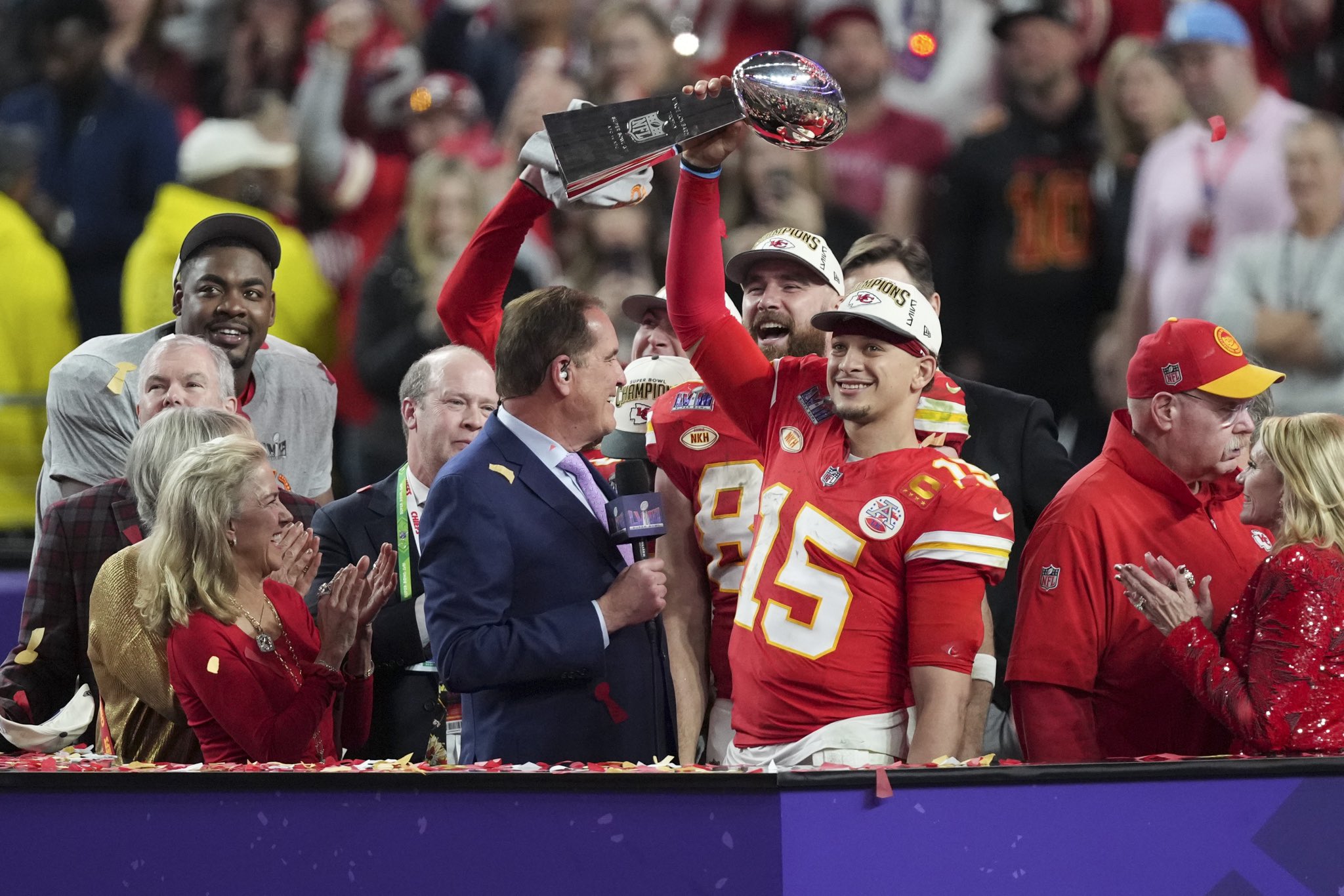 Patrick Mahomes holds the Vince Lombardi Trophy