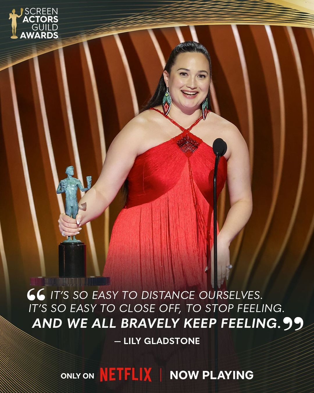Lily Gladstone is the first Native American to win Outstanding Performance by a Female Actor in a Leading Role at the SAG Awards
