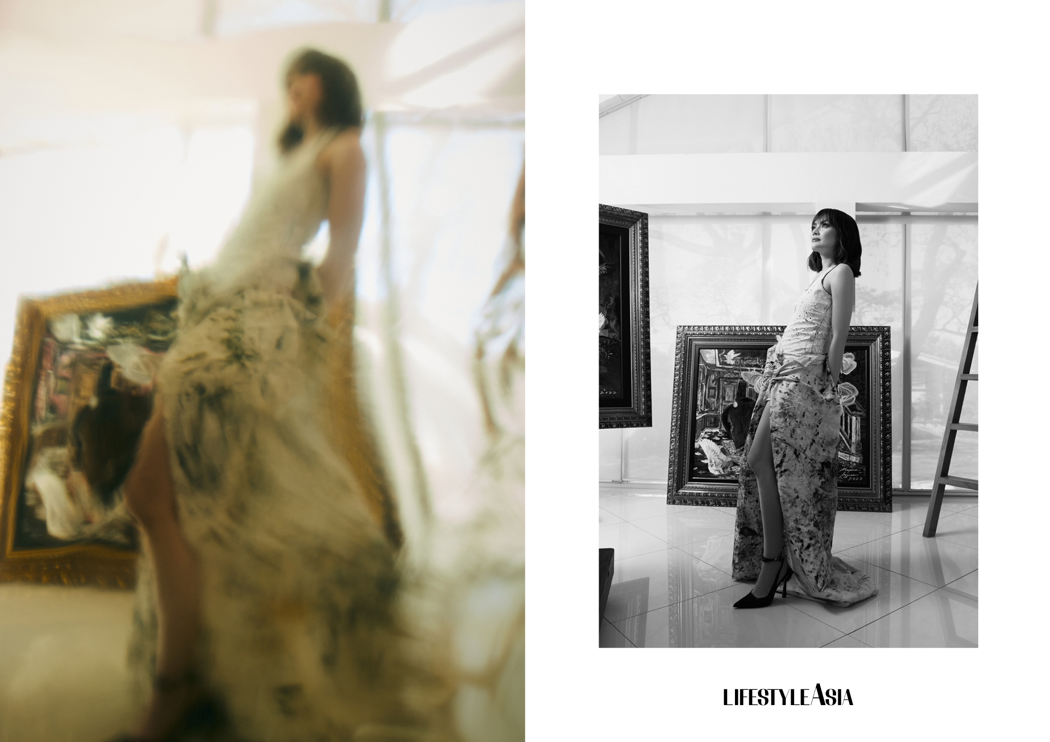 White crackled tank top, ZIV REI ALEXI; Painter’s canvas rag (used as a skirt), MAXINE SYJUCO