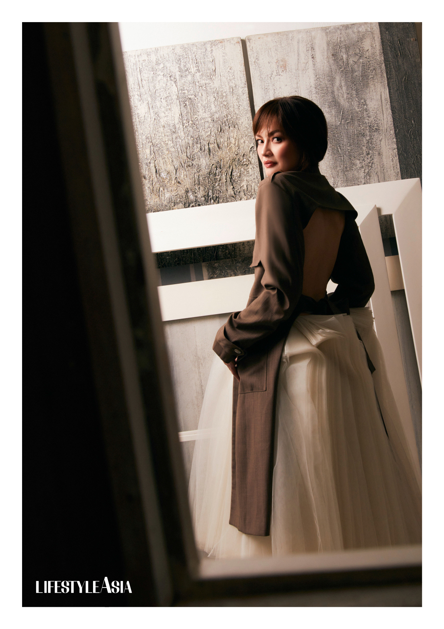 Taupe wool backless trench coat and Ivory silk organza book-leaf skirt, JOEY SAMSON
