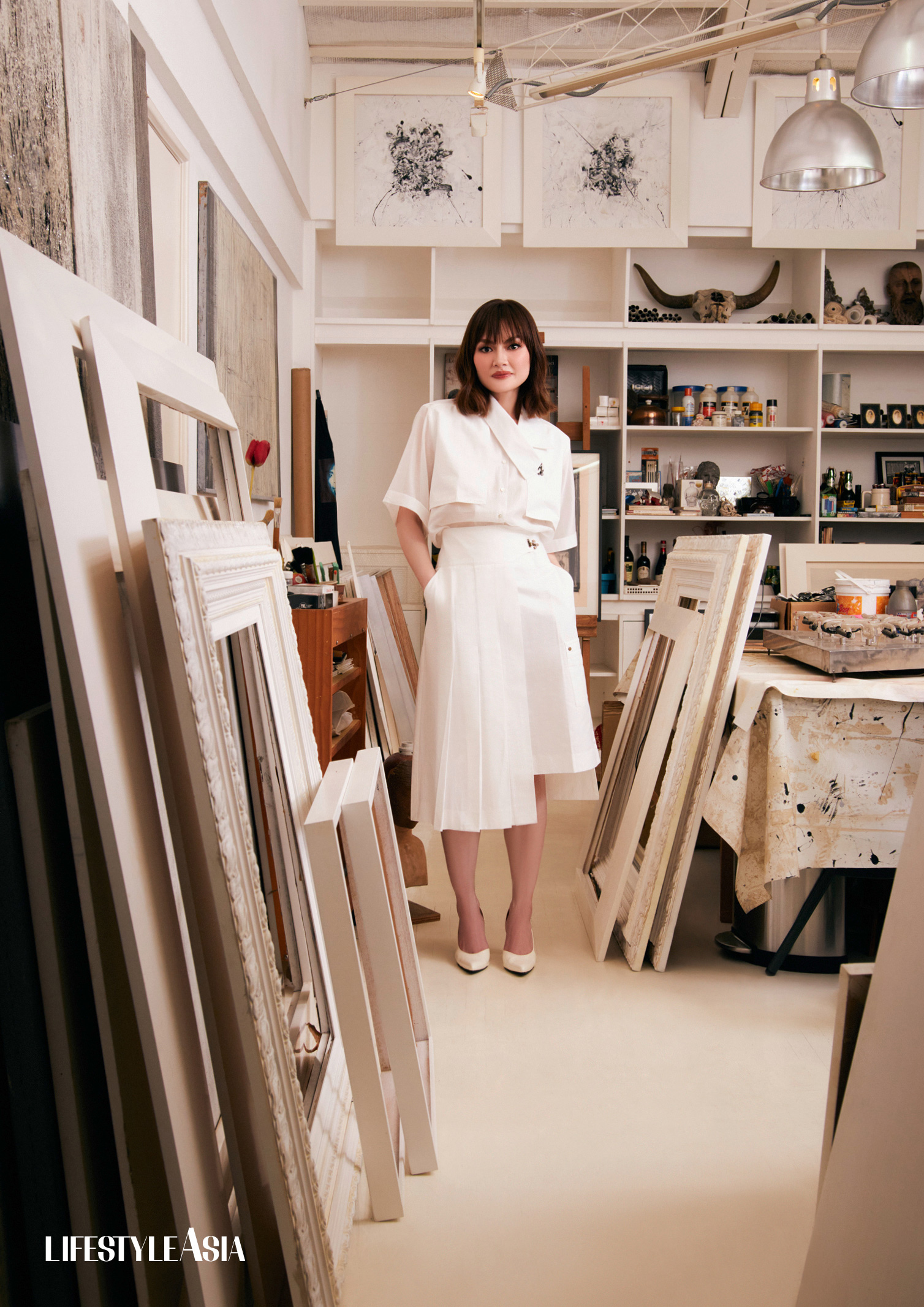 White bamboo asymmetric top and matching pleated utility skirt, YOYA