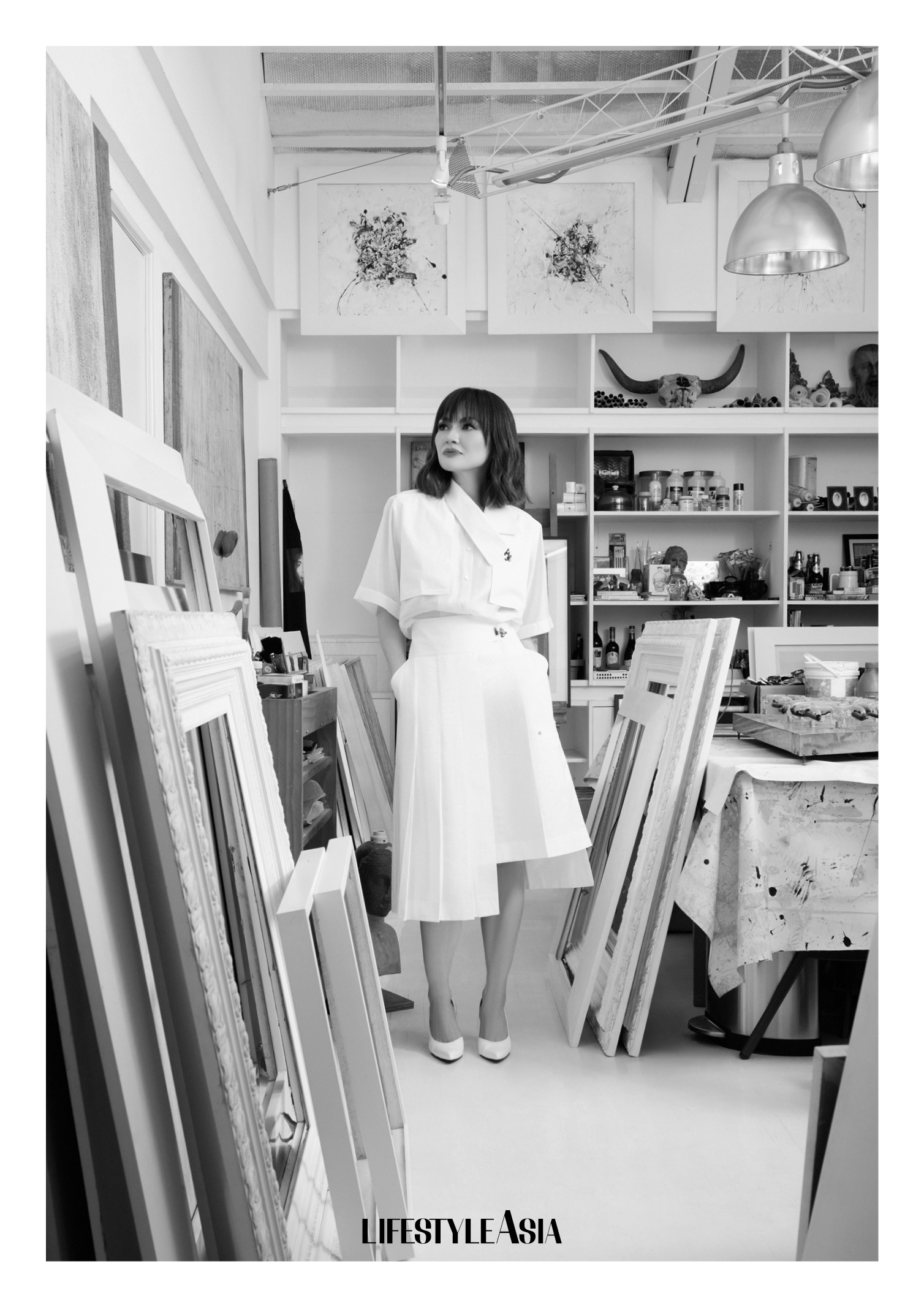 White bamboo asymmetric top and matching pleated utility skirt, YOYA