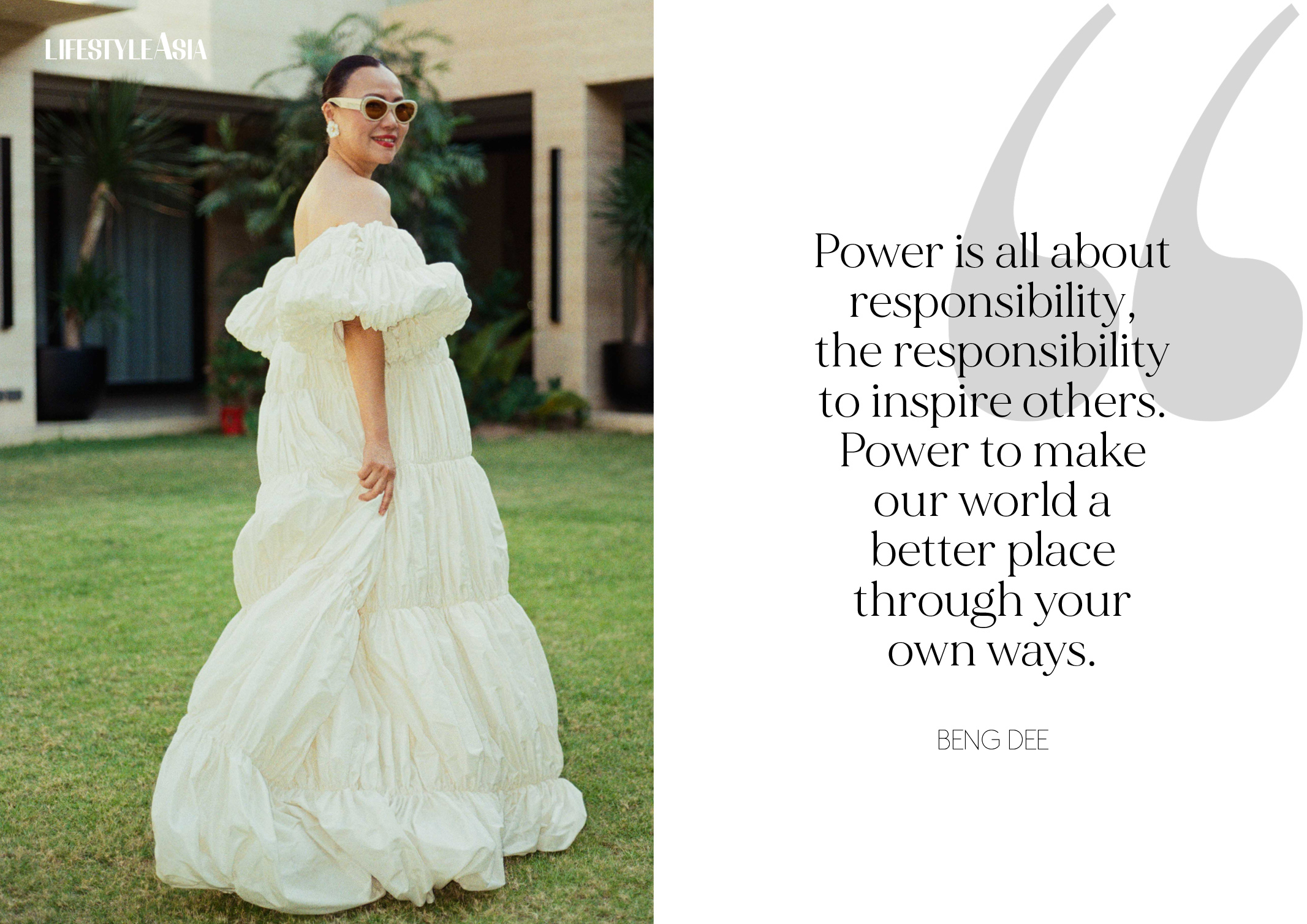 Ecru off shoulder silk tafetta dress, VANIA ROMOFF; Flower shell earrings and gold bracelets, RIQUEZA; Beige sunglasses, SUNNIES STUDIOS