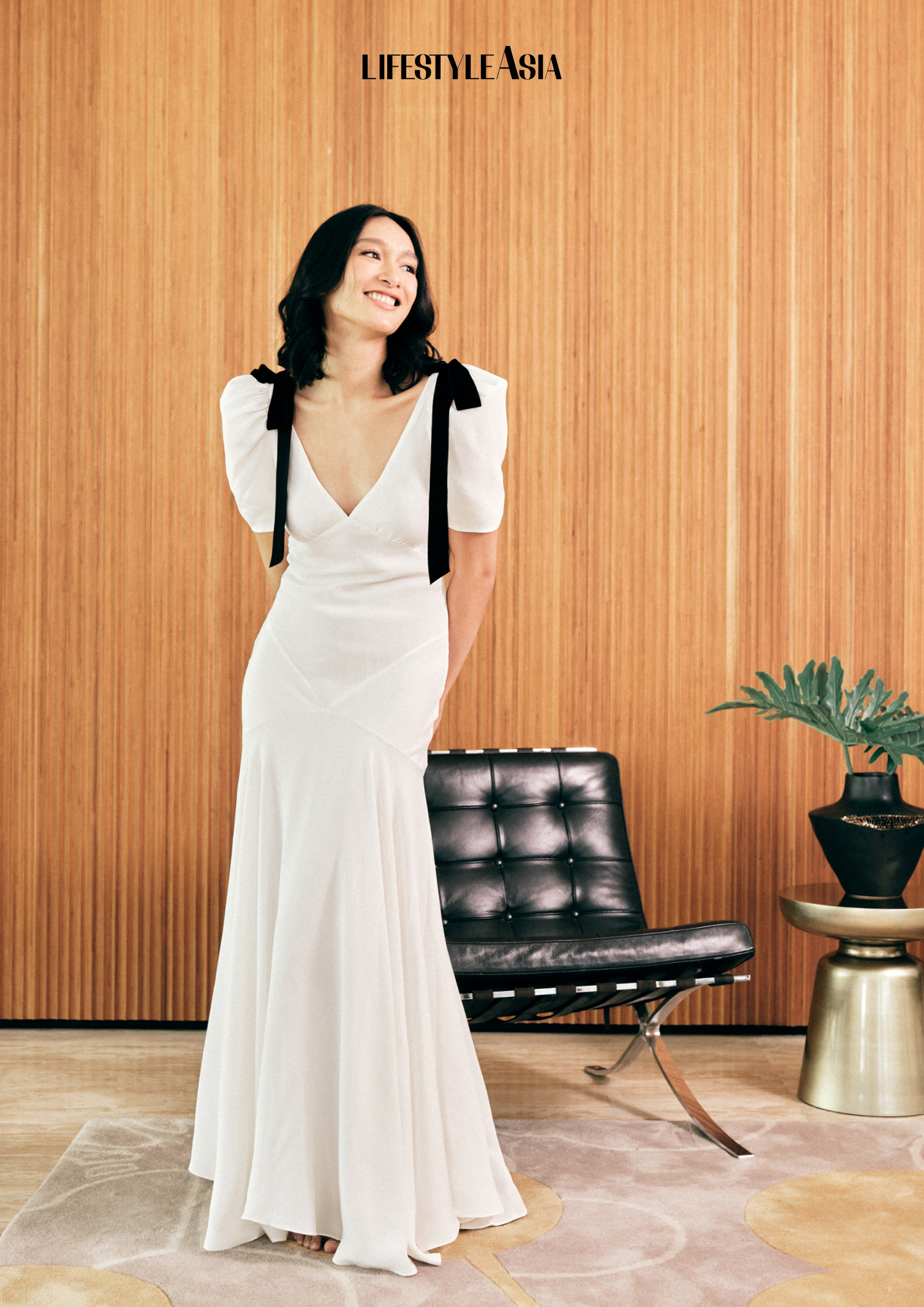 ON BEA: White chiffon puff sleeved maxi dress with black velvet ribbons, RODARTE