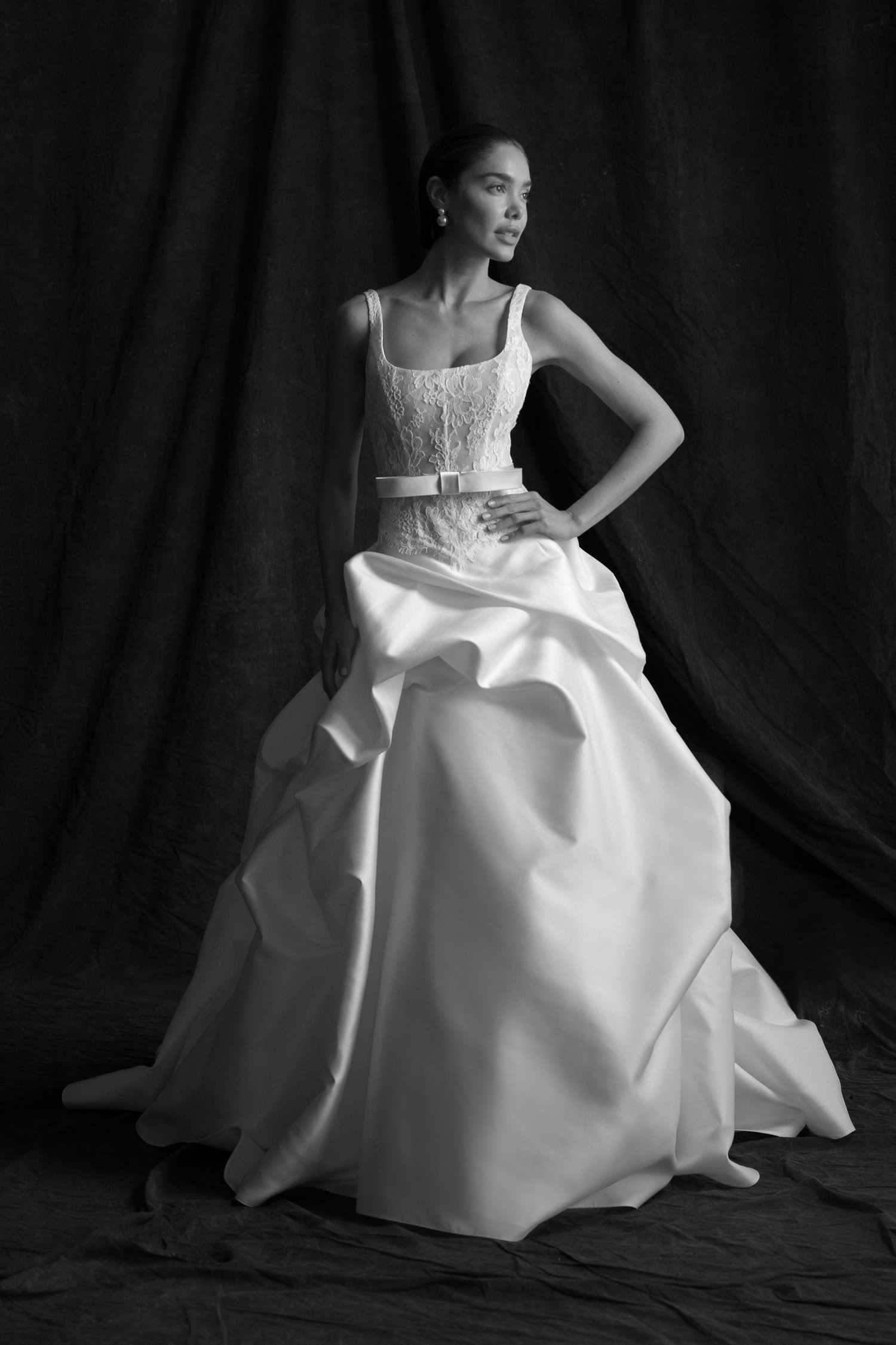 "Kitt" has a Basque waistline and a silk Mikado skirt