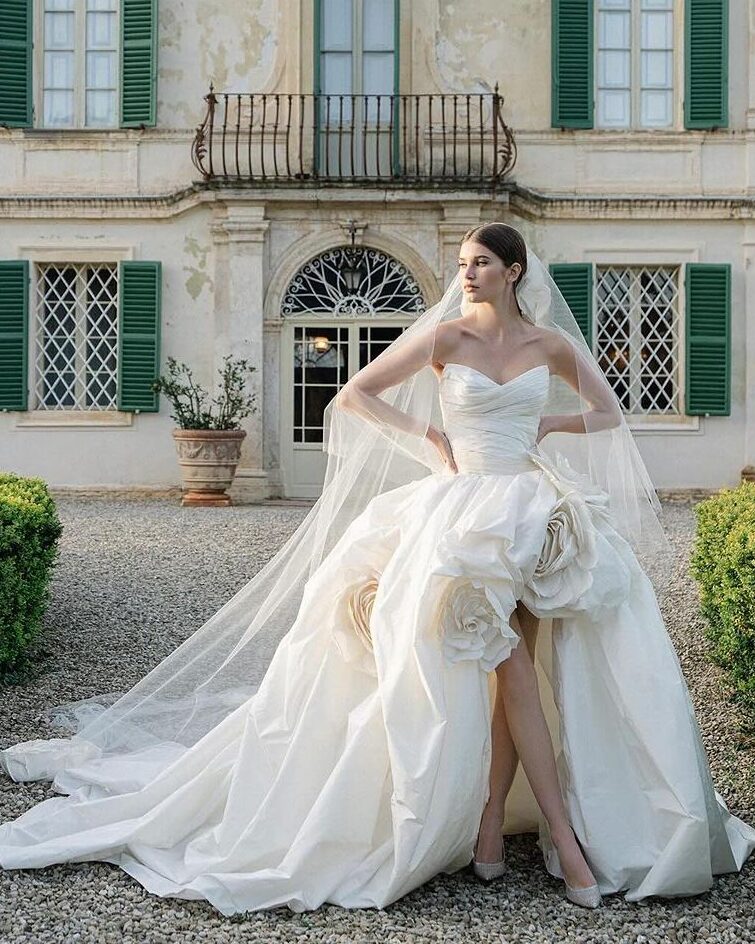 A strapless taffeta ball gown with a floral bouquet embroidery