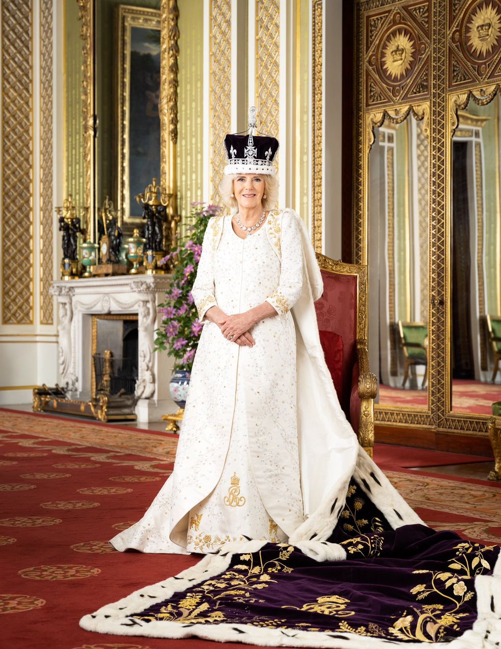 One can see Bluebell and Beth embroidery at the hem of Queen Camilla’s skirt in this official portrait