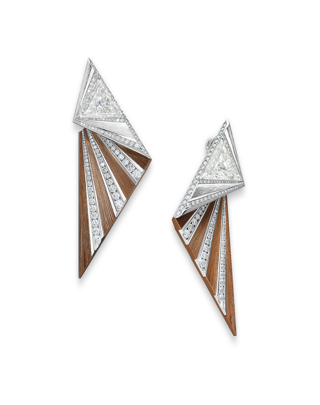 Triangular shaped diamond and brown aluminum fan earrings by FORMS