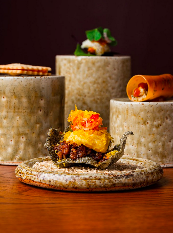 LEFT: Lumpia, Silog, Chicharon, Pinalaman; RIGHT: Binakol, Inadobo, Ensalada