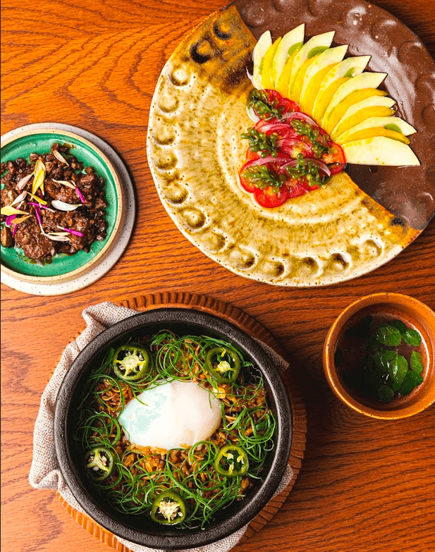 LEFT: Lumpia, Silog, Chicharon, Pinalaman; RIGHT: Binakol, Inadobo, Ensalada