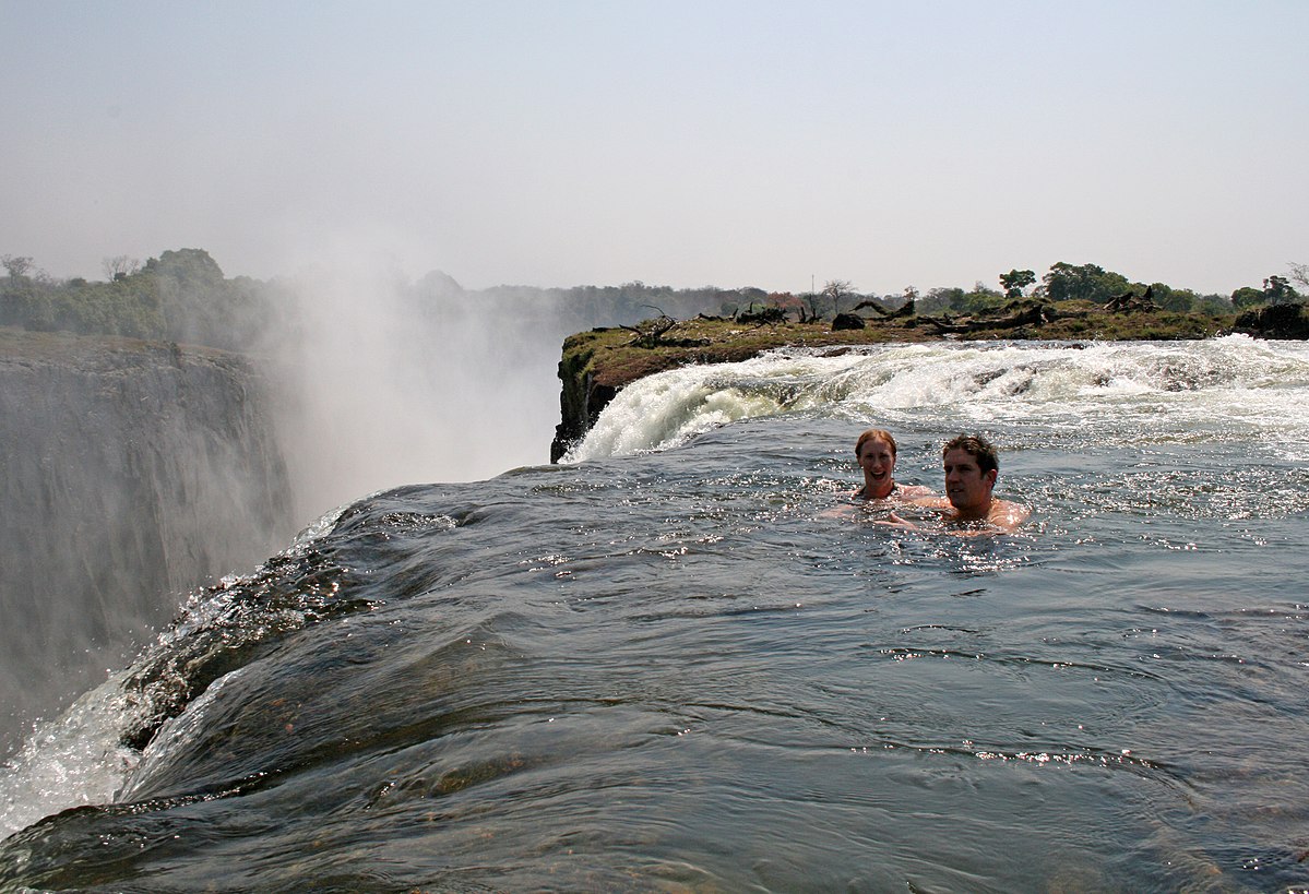 Visitors at the Devil's Pool in Victoria Falls, Zimbabwe