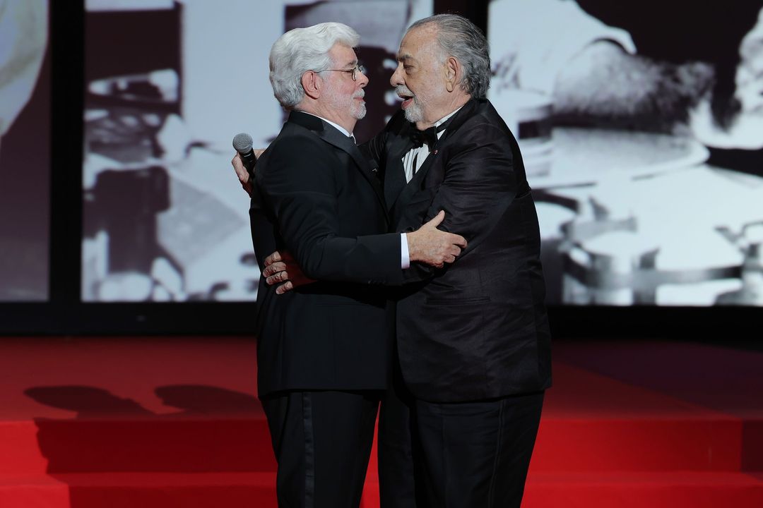 George Lucas and Francis Ford Coppola onstage at the Cannes Film Festival