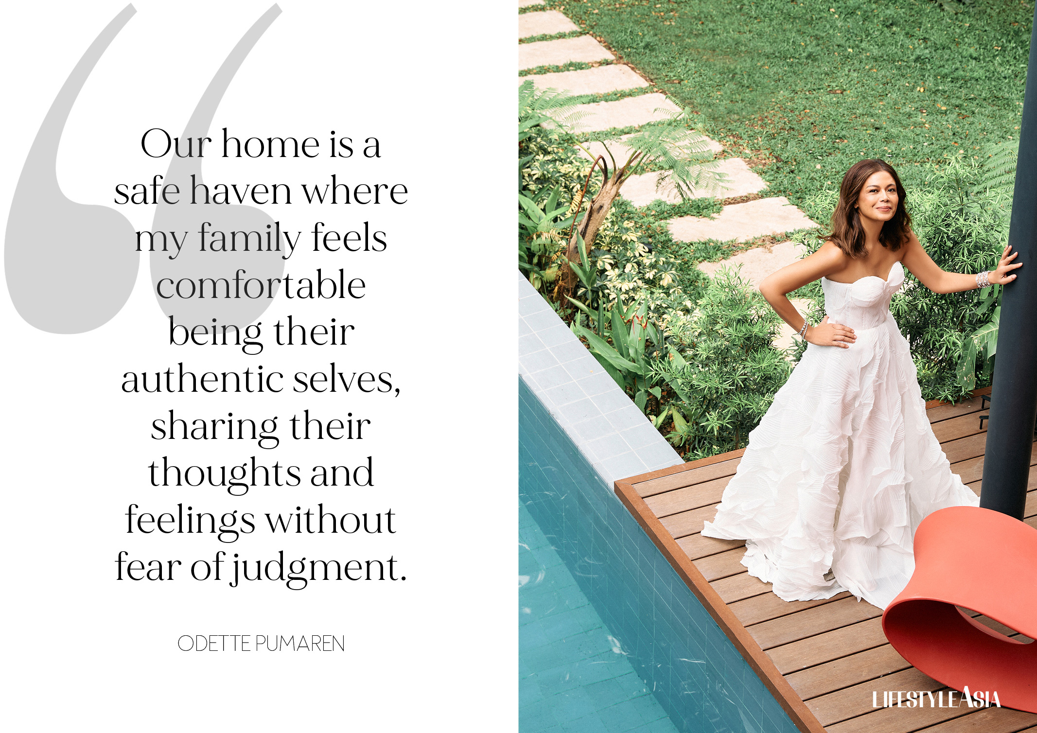 Ivory pleated dress, DEBBIE CO; Jewelry, JUL B. DIZON.