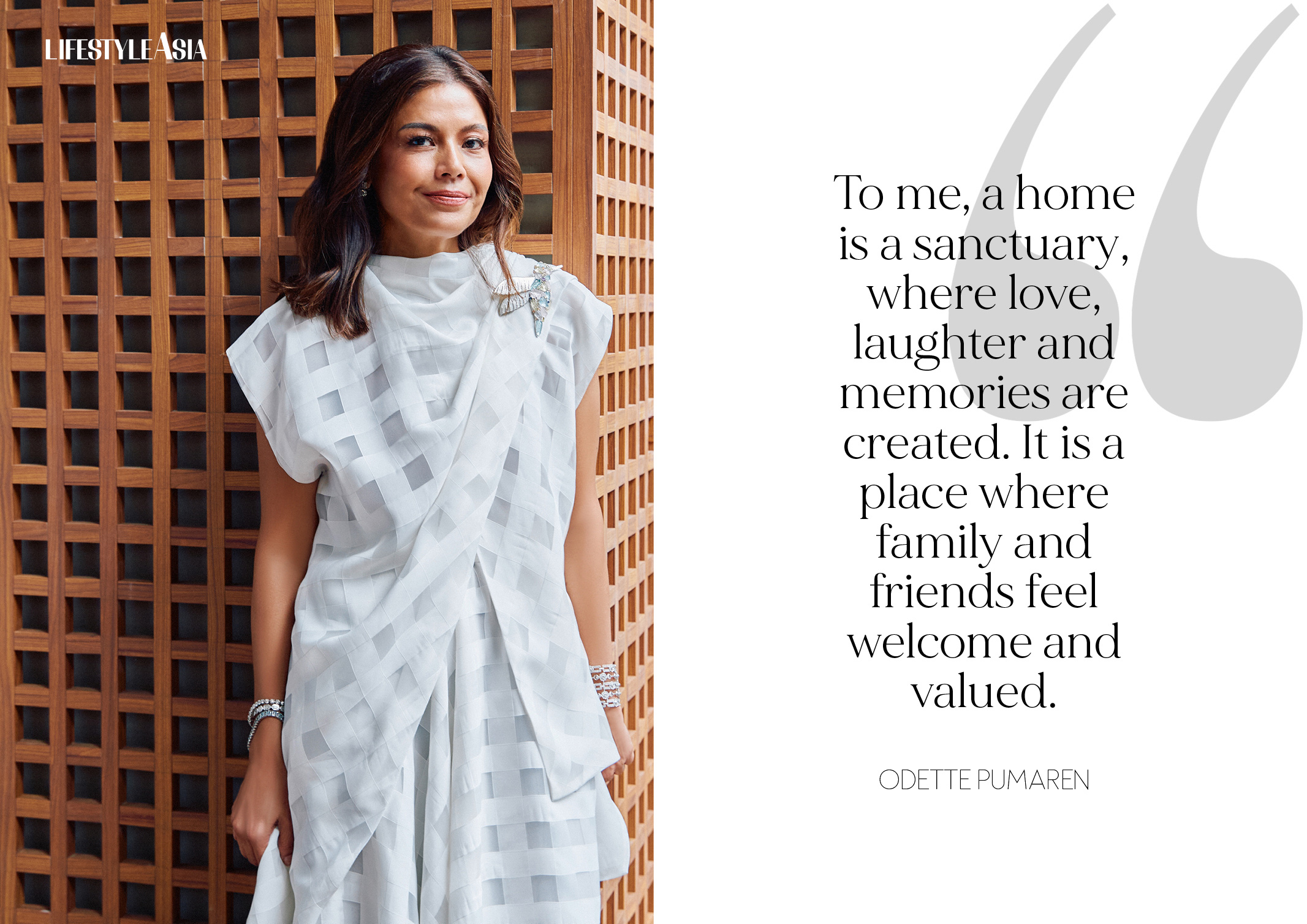 Oversized gingham print asymmetric set, ROBERT VILLAR; Bird brooch and cuff, JUL B. DIZON.