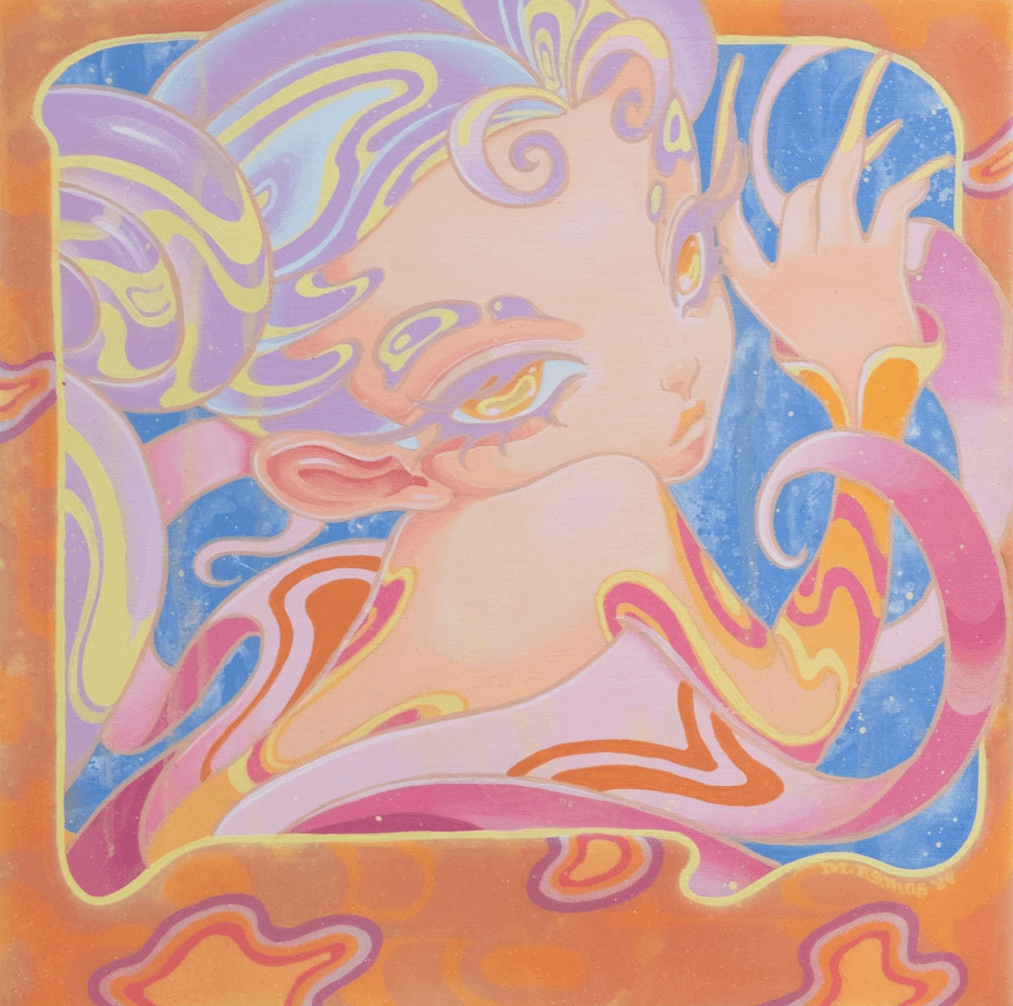 Works of returning artists from last year’s MoCAF Discoveries. TOP LEFT: Oil portrait by Gelo Montiero. TOP RIGHT: “Talkin’ Nonsense” by Bea Fernandez. BOTTOM LEFT: “Stellar” by Michael Ramos. BOTTOM RIGHT: “Old Homes” by Carla Gamalinda.