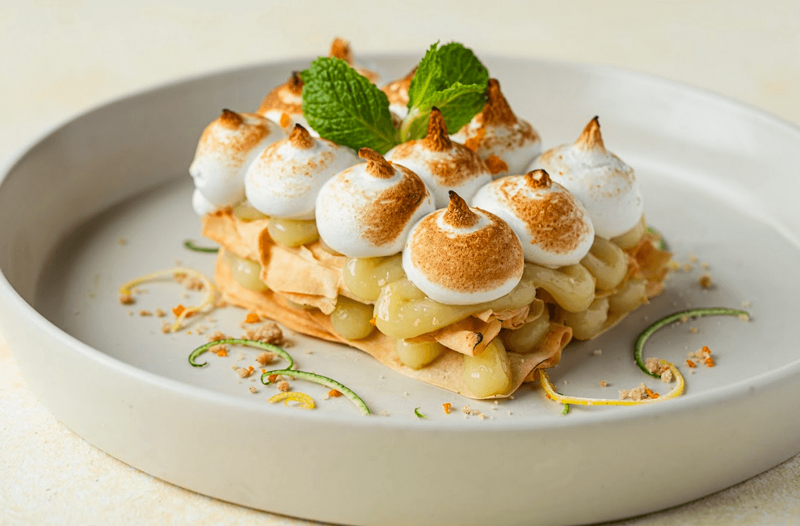TOP (L-R): Black Anchovies Butter Fresh Tagliatelle Pasta; Grilled Salmon & Dashi Butter Fresh Spaghetti Pasta. BOTTOM (L-R): Black Bass Taco; Citrus and Meringue Millefeuille.