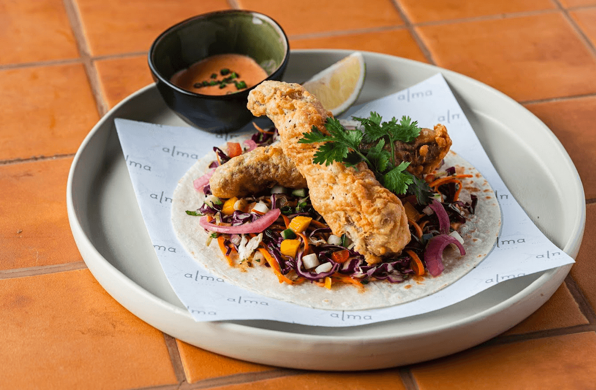 TOP (L-R): Black Anchovies Butter Fresh Tagliatelle Pasta; Grilled Salmon & Dashi Butter Fresh Spaghetti Pasta. BOTTOM (L-R): Black Bass Taco; Citrus and Meringue Millefeuille.