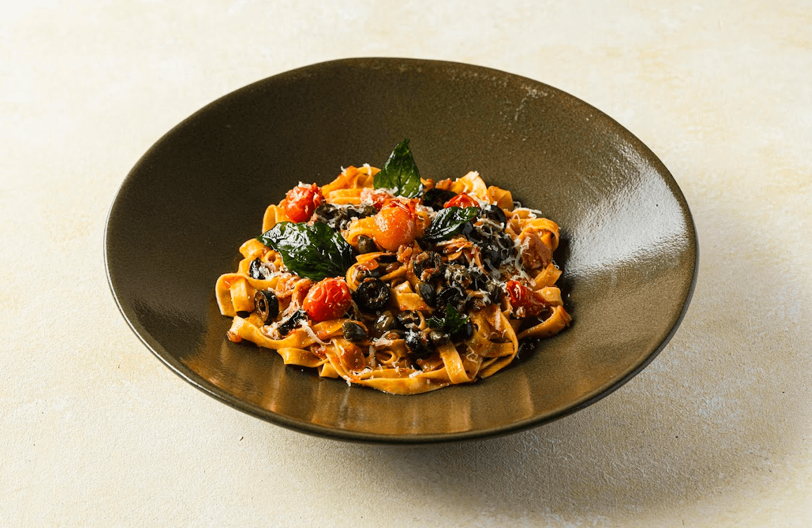 TOP (L-R): Black Anchovies Butter Fresh Tagliatelle Pasta; Grilled Salmon & Dashi Butter Fresh Spaghetti Pasta. BOTTOM (L-R): Black Bass Taco; Citrus and Meringue Millefeuille.