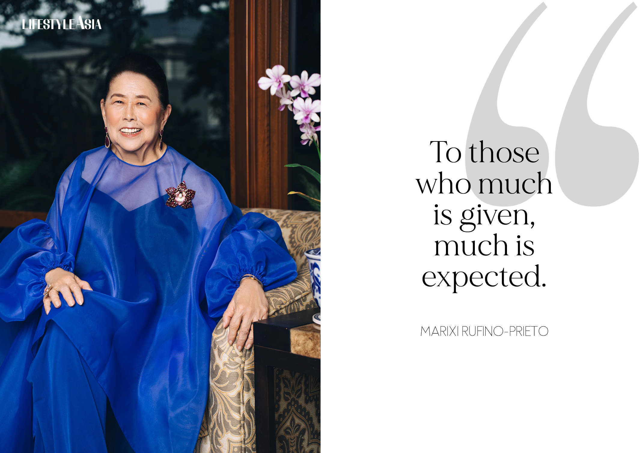 Royal blue tunic and trousers, HOUSE OF LAUREL; Jewelry, JUL B. DIZON.