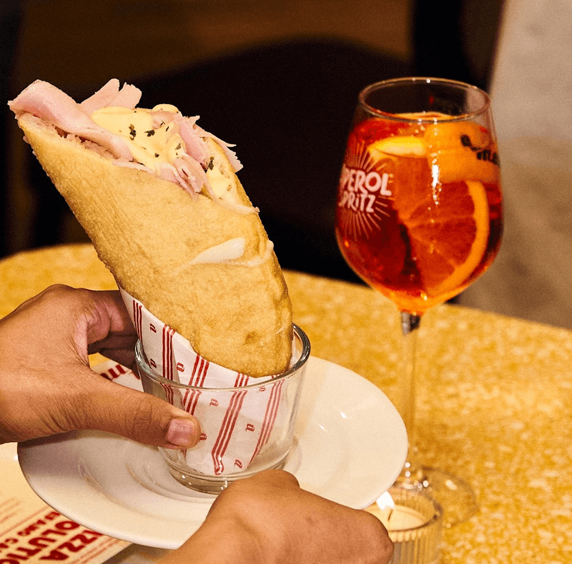 TOP LEFT: Padellino Italian Pan Pizza; TOP RIGHT: Hazelnut Pagoda Dessert; BOTTOM LEFT: Fried Pizza Cone; BOTTOM RIGHT: Gourmet Fried & Baked Pizza