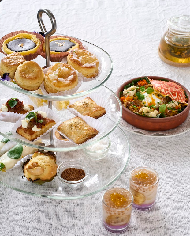 TOP LEFT: Fresh Salad with Buratta, Figs, and Prosciutto. TOP RIGHT: Grilled Chicken. BOTTOM LEFT: Dessert Tower Merienda. BOTTOM RIGHT: Caldereta.
