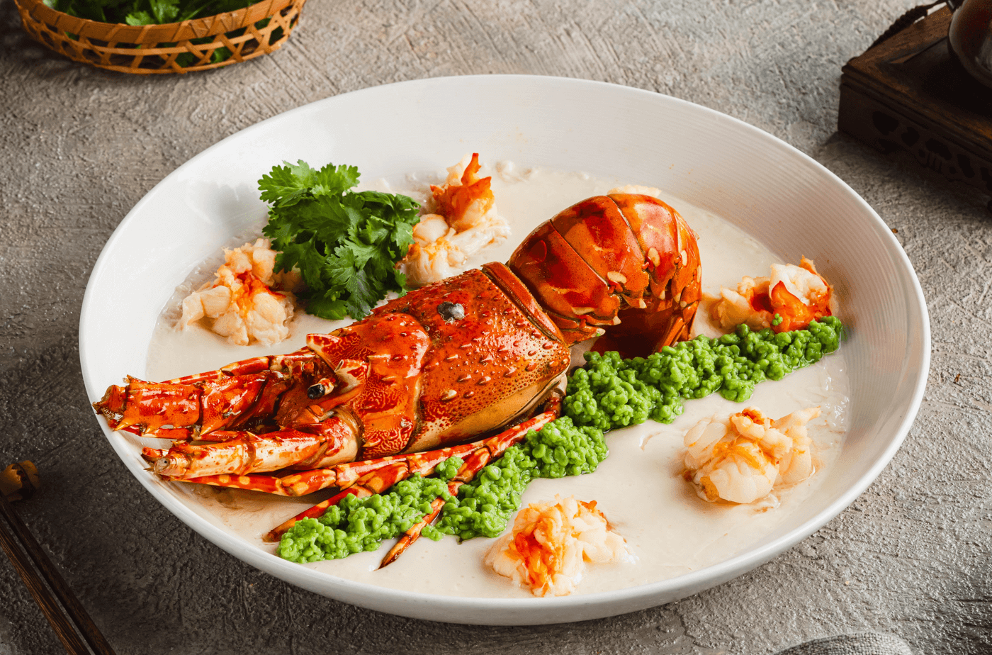 TOP LEFT: Wok-fried Lobster, Bi Feng Tang style. TOP RIGHT: Braised Lobster Noodles in Superior Sauce. BOTTOM: Steamed Lobster with Egg White in Spinach Sauce.