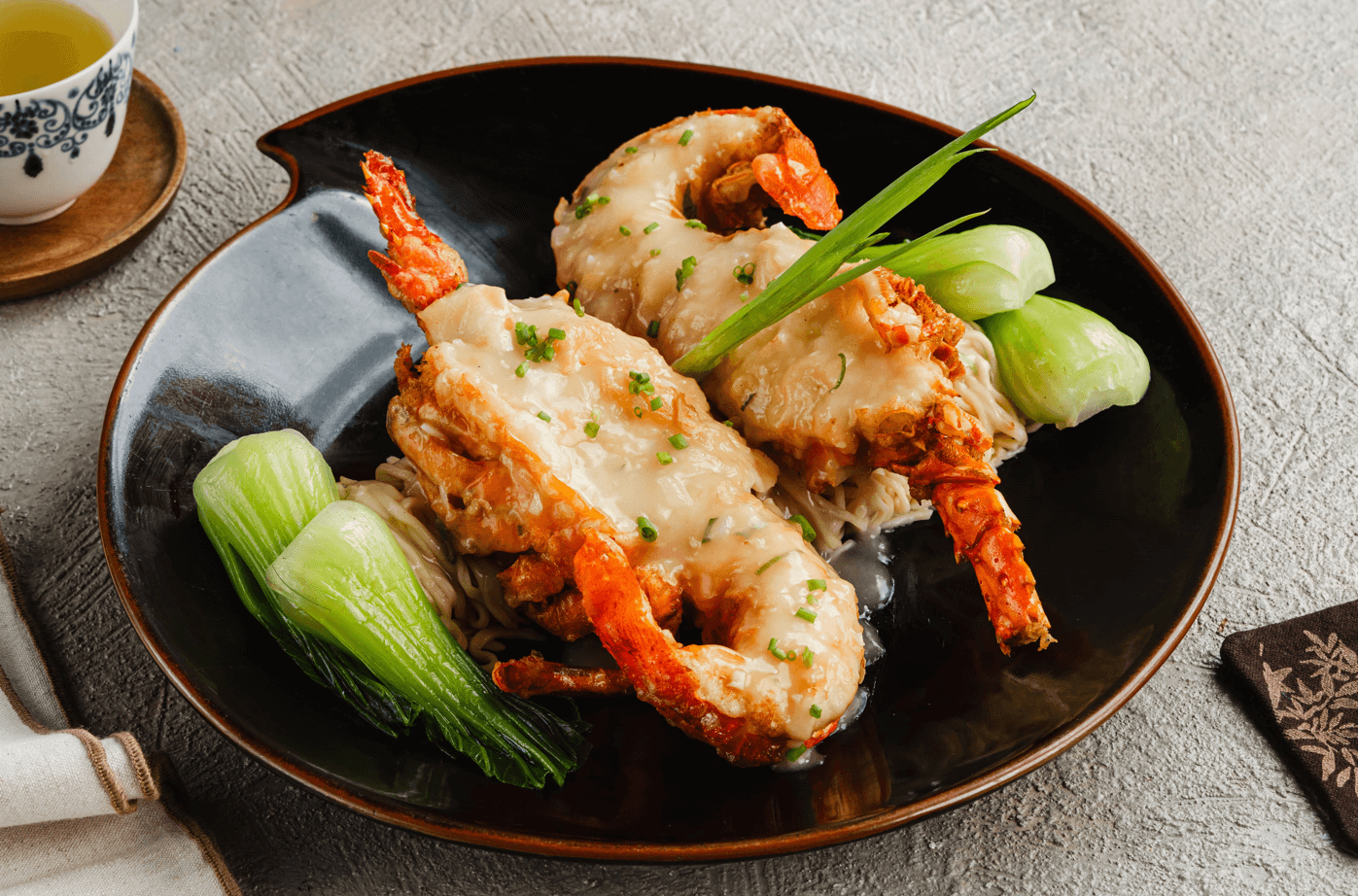 TOP LEFT: Wok-fried Lobster, Bi Feng Tang style. TOP RIGHT: Braised Lobster Noodles in Superior Sauce. BOTTOM: Steamed Lobster with Egg White in Spinach Sauce.