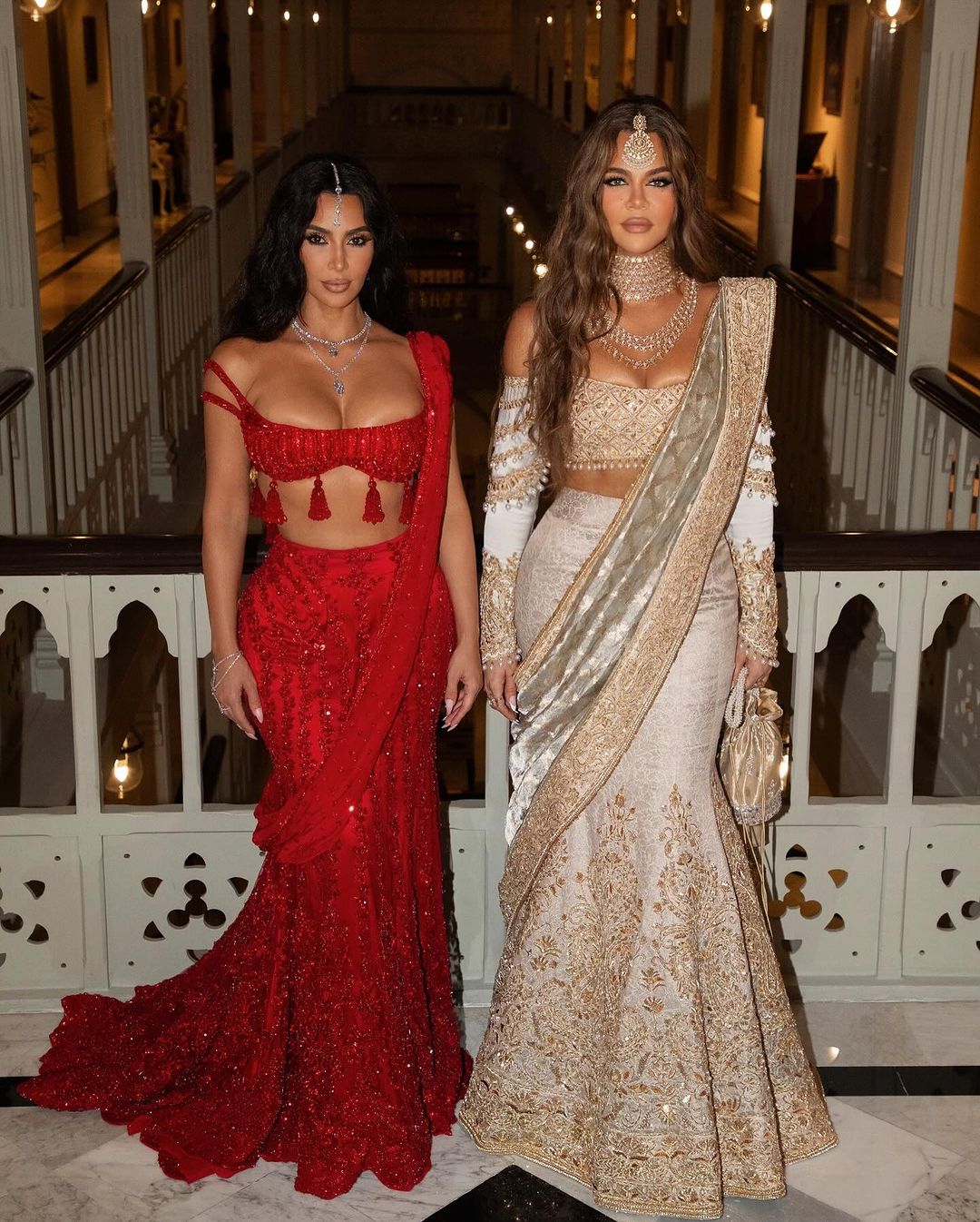Sisters Kim and Khloe Kardashian attended the Ambani-Merchant wedding in their glitzy Indian outfits