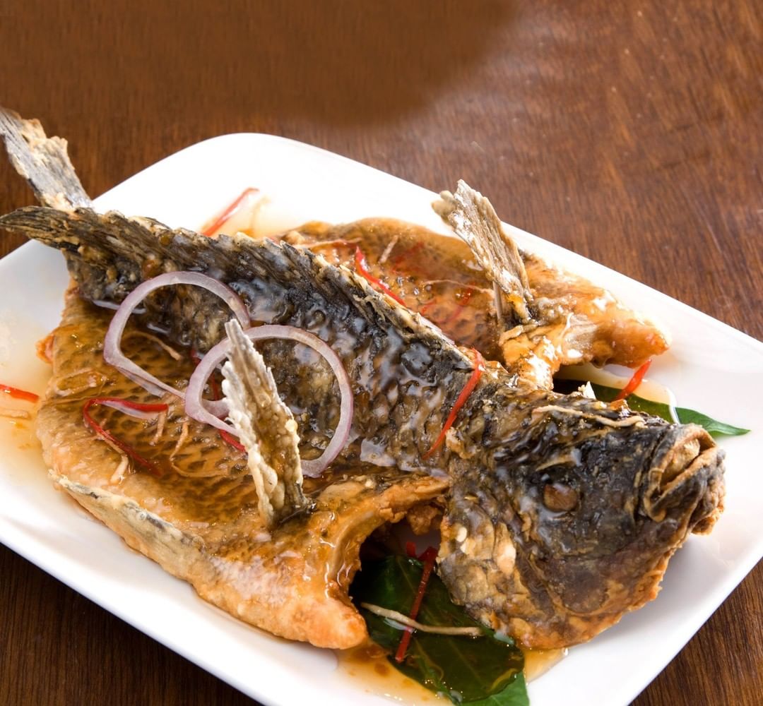 TOP LEFT: Bistek Tagalog ng Kano. TOP RIGHT: Crispy Patang Bawang. BOTTOM LEFT: Tilapia with Sweet Plum Sauce. BOTTOM RIGHT: Sisig Fried Rice.