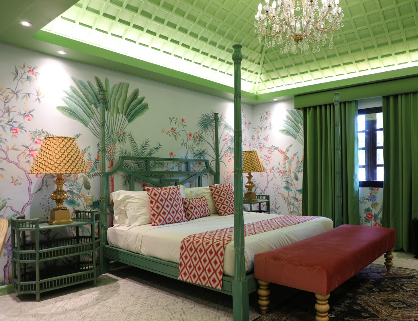 LEFT: This bridal suite at Hillcreek Gardens Tagaytay is a tranquil tropical oasis/Photo by Arthur Tselishchev. RIGHT: Complementing bright hues liven up this living room; inspiration for the mix of colors informed by the the MOOOI carpet/Photo by Paola Aseron