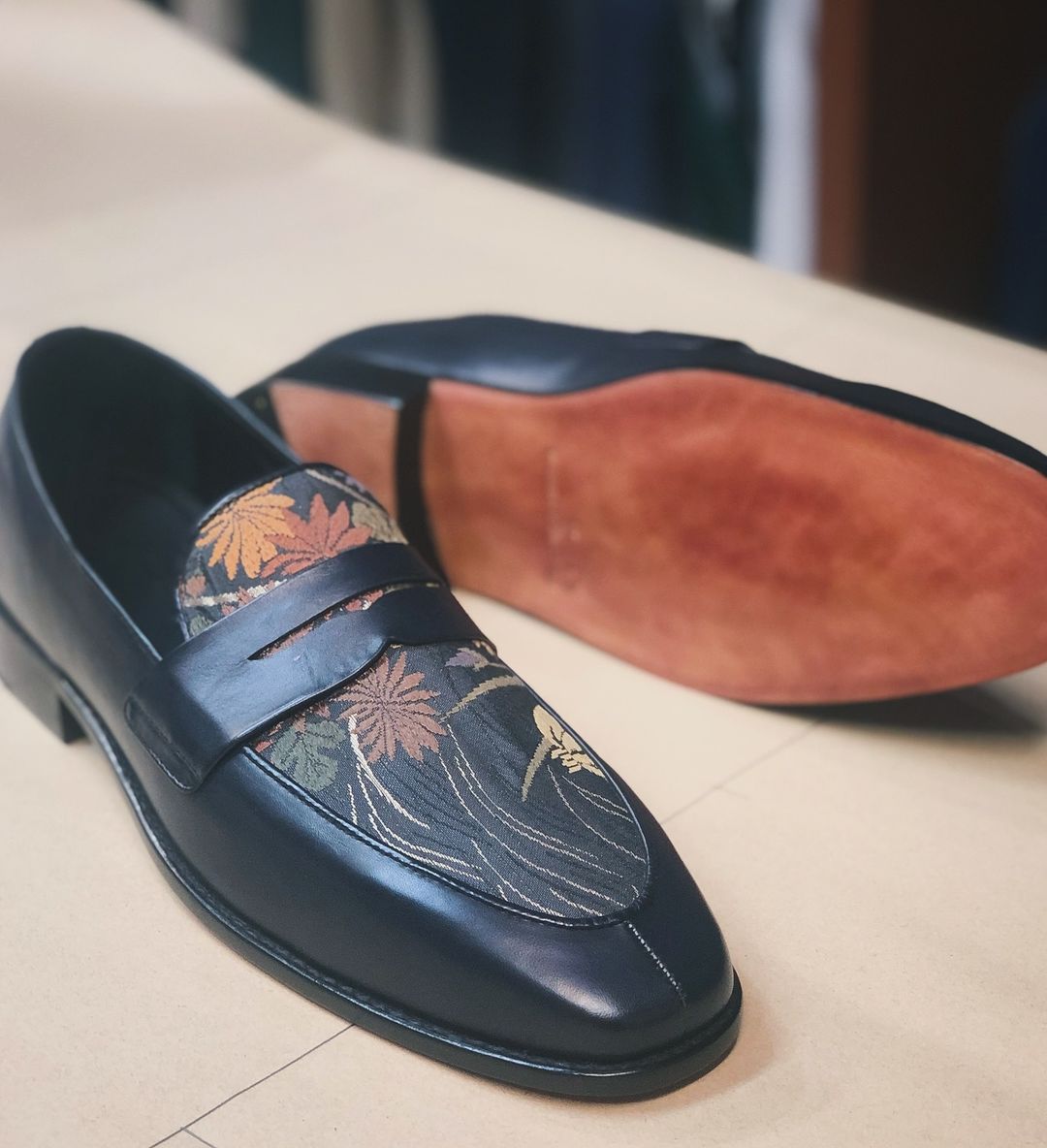 LEFT: Franz Pumaren with his custom shoes from R.E. Craftsman. RIGHT: Custom canvas-leather loafers