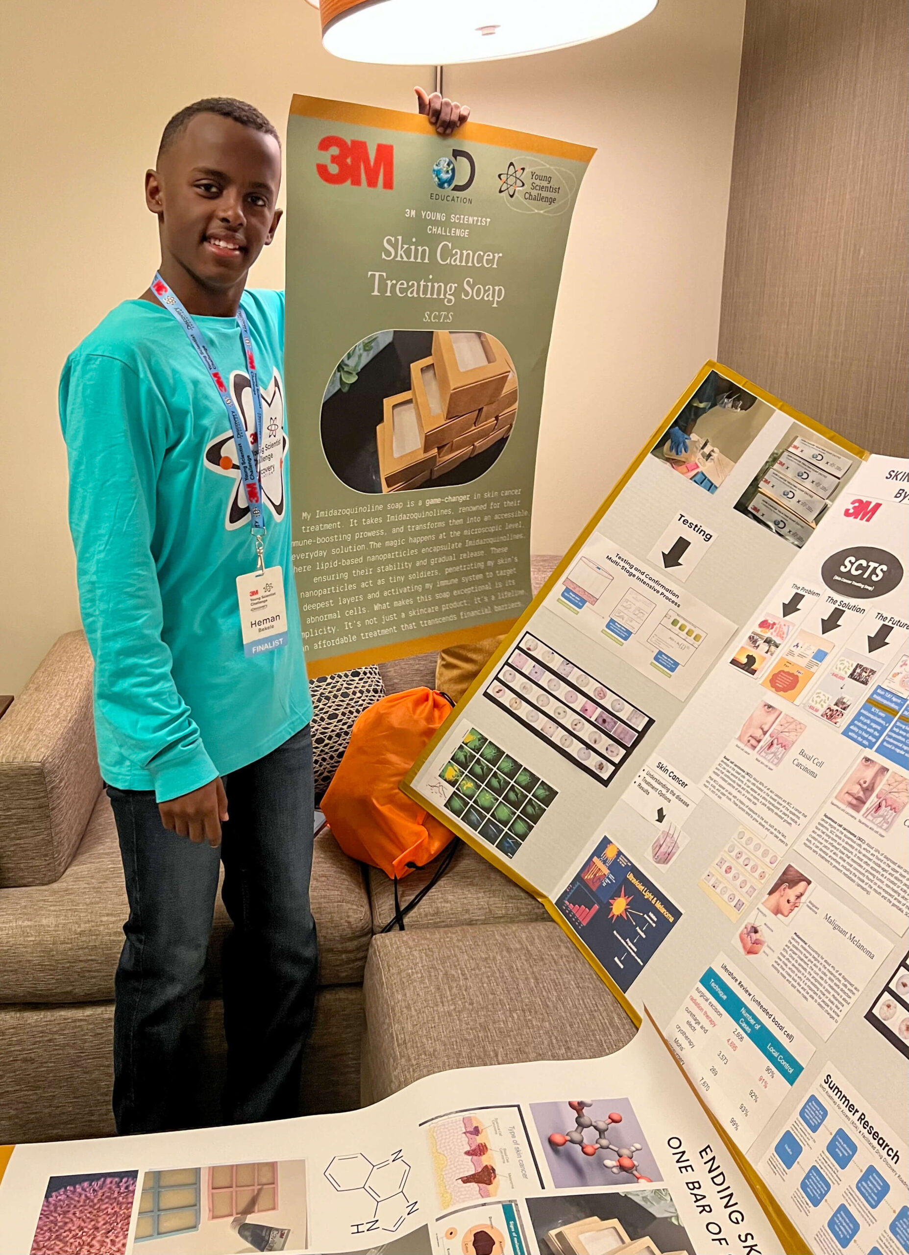 Heman Bekele and his skin cancer treating soap, which won the $25,000 prize at the 3M Young Scientist Challenge