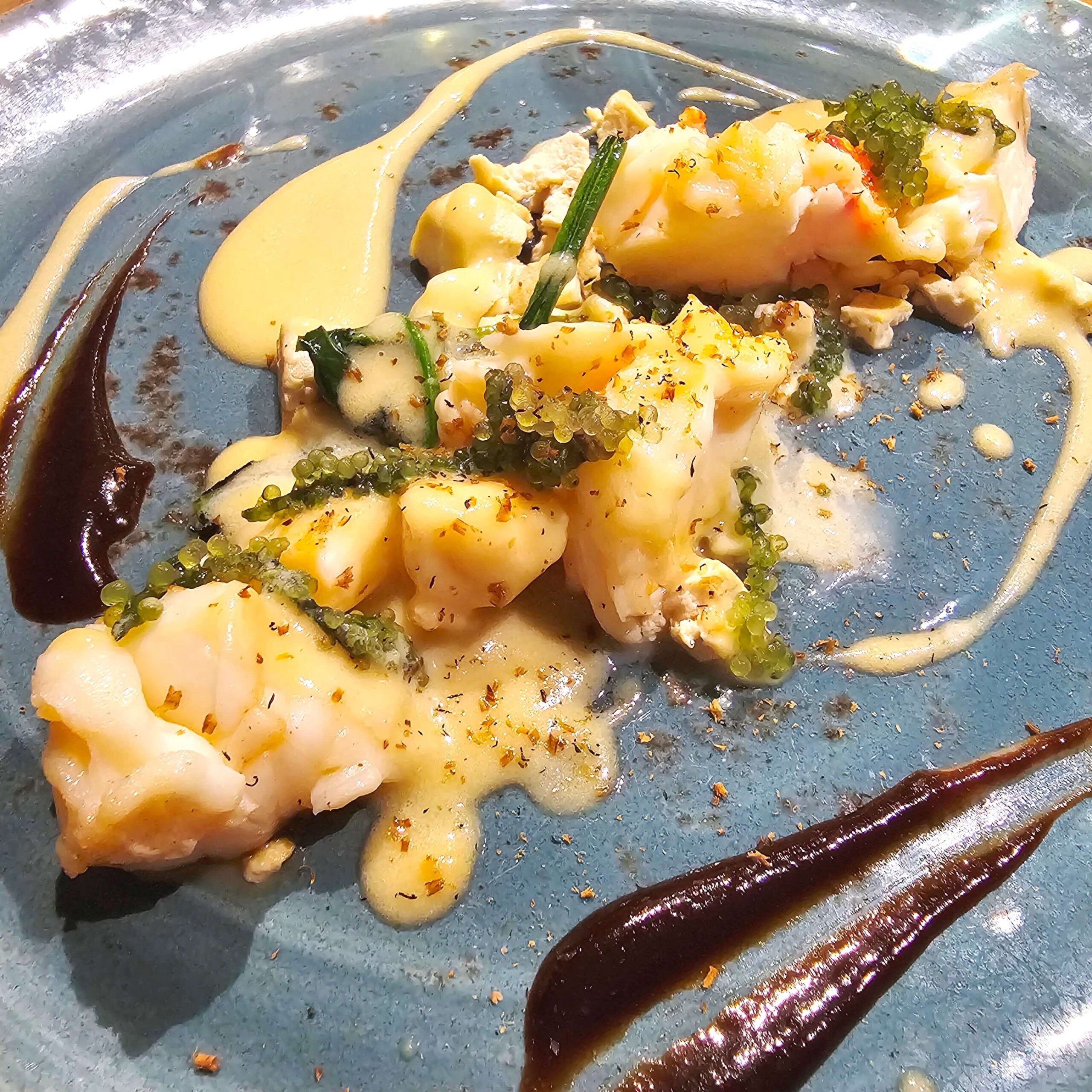 L-R, top to bottom: Japanese A5 Kagoshima Wagyu Sirloin with Fresh Wasabi and Garlic Chips; Norwegian Salmon Belly with Sautéed Avocado Seaweed and Fresh Wasabi Sauce; Lobster Sautéed with White Miso Vin Blanc Sauce with Local Vegetables; A5 Kagoshima Wagyu.