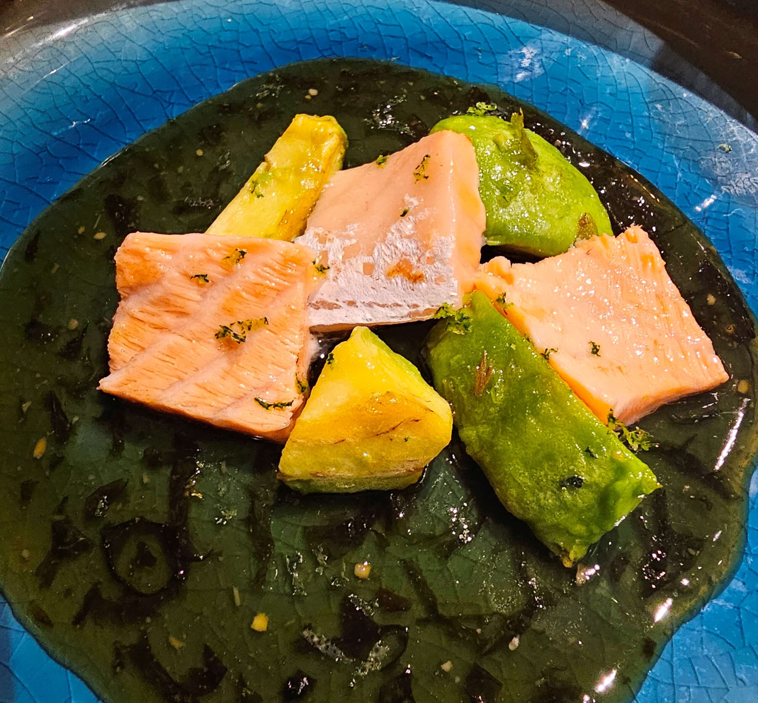 L-R, top to bottom: Japanese A5 Kagoshima Wagyu Sirloin with Fresh Wasabi and Garlic Chips; Norwegian Salmon Belly with Sautéed Avocado Seaweed and Fresh Wasabi Sauce; Lobster Sautéed with White Miso Vin Blanc Sauce with Local Vegetables; A5 Kagoshima Wagyu.