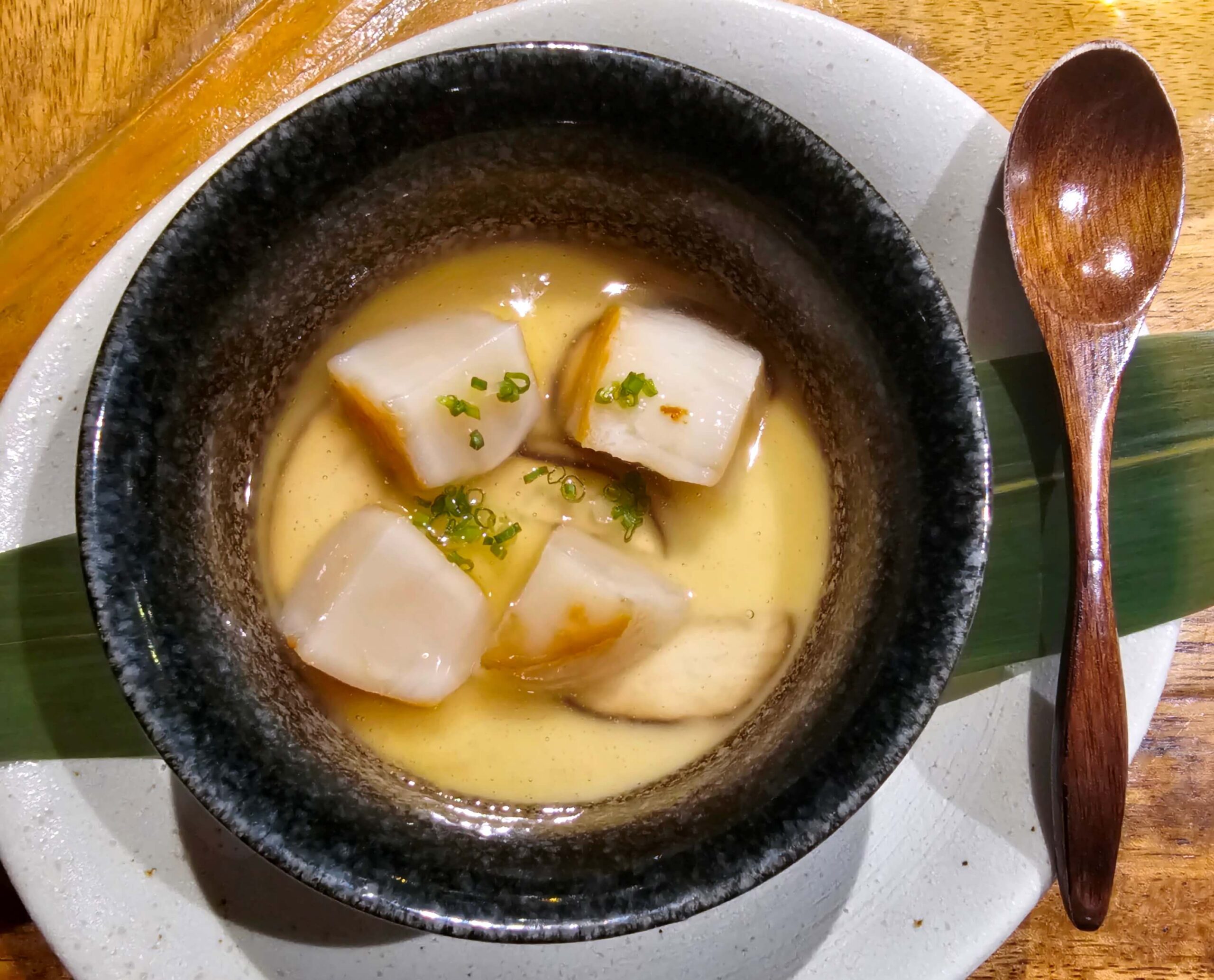 L-R, top to bottom: Japanese Dorayaki with Truffle Cream; Local Fresh Lapu-lapu with Fried Garlic Rice; Aged konbu, bonito flakes, fresh wasabi; Steamed Japanese Egg Custard, scallops with Dashi Sauce.
