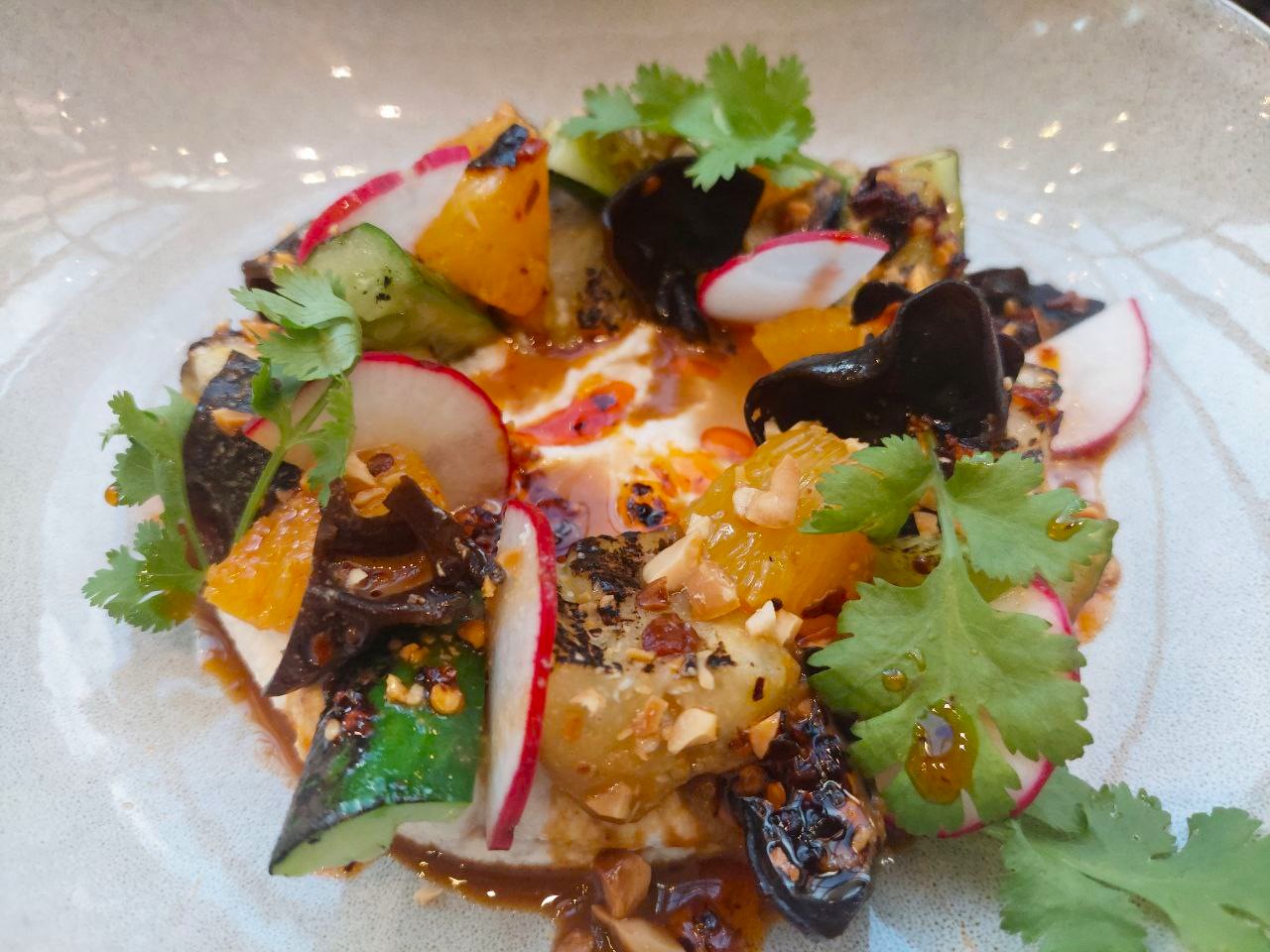 TOP LEFT: Prawn Toast. TOP RIGHT: Charred Cauliflower. BOTTOM LEFT: Grilled Eggplant & Whipped Feta-Tofu. BOTTOM RIGHT: Smoked Salmon Nori Chip.