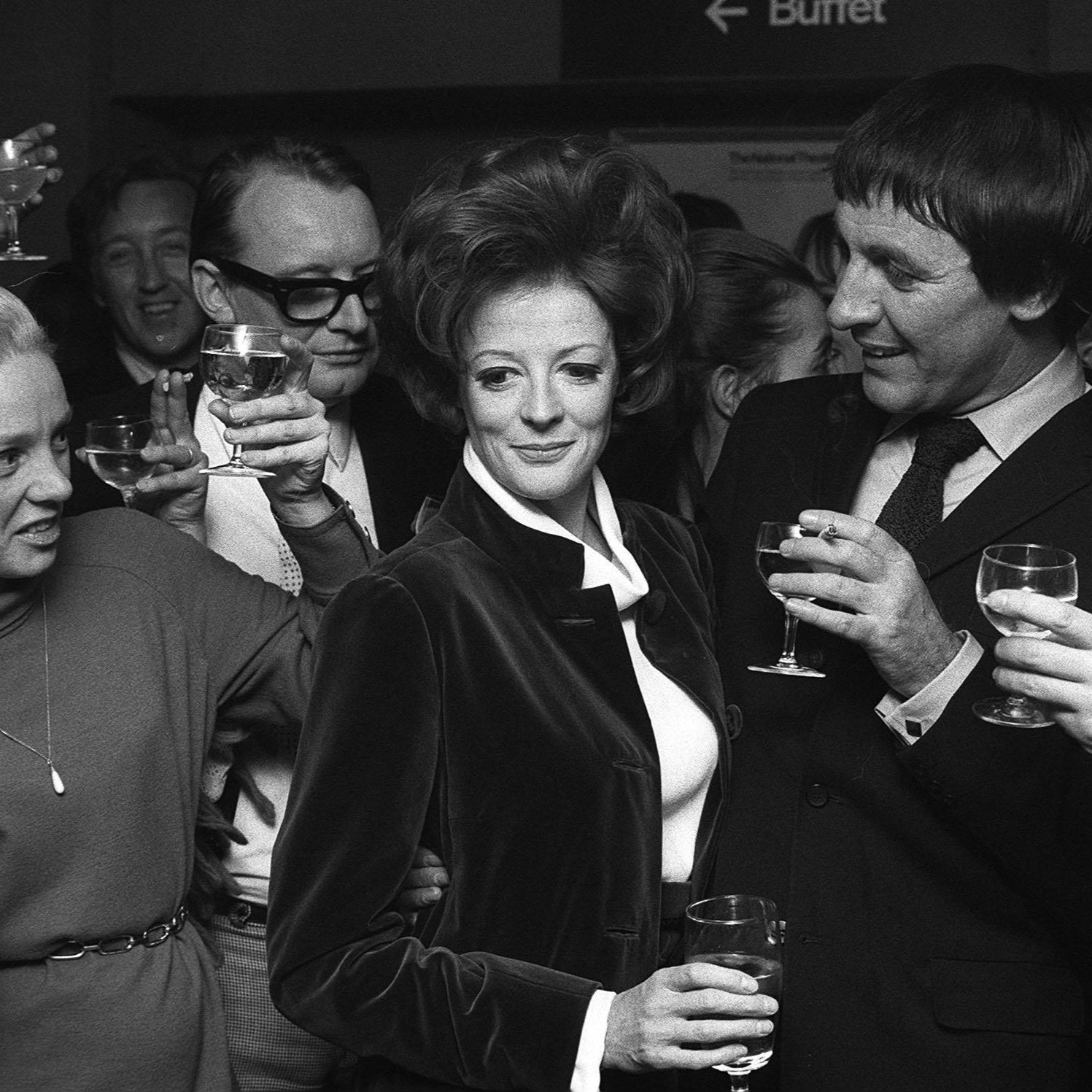 Maggie Smith in 1970 with her husband Robert Stephens and friends in the Stalls Bar in The Old Vic