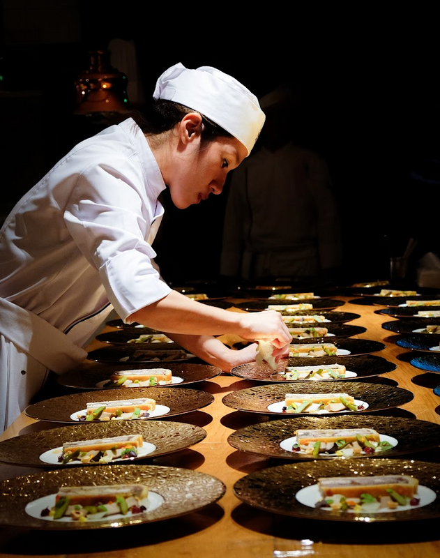LEFT: A chef preparing the Pâté en Croûte. RIGHT: Caramel.