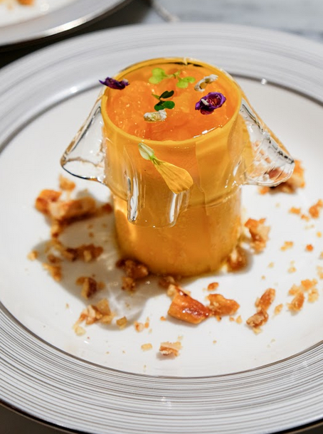 LEFT: A chef preparing the Pâté en Croûte. RIGHT: Caramel.