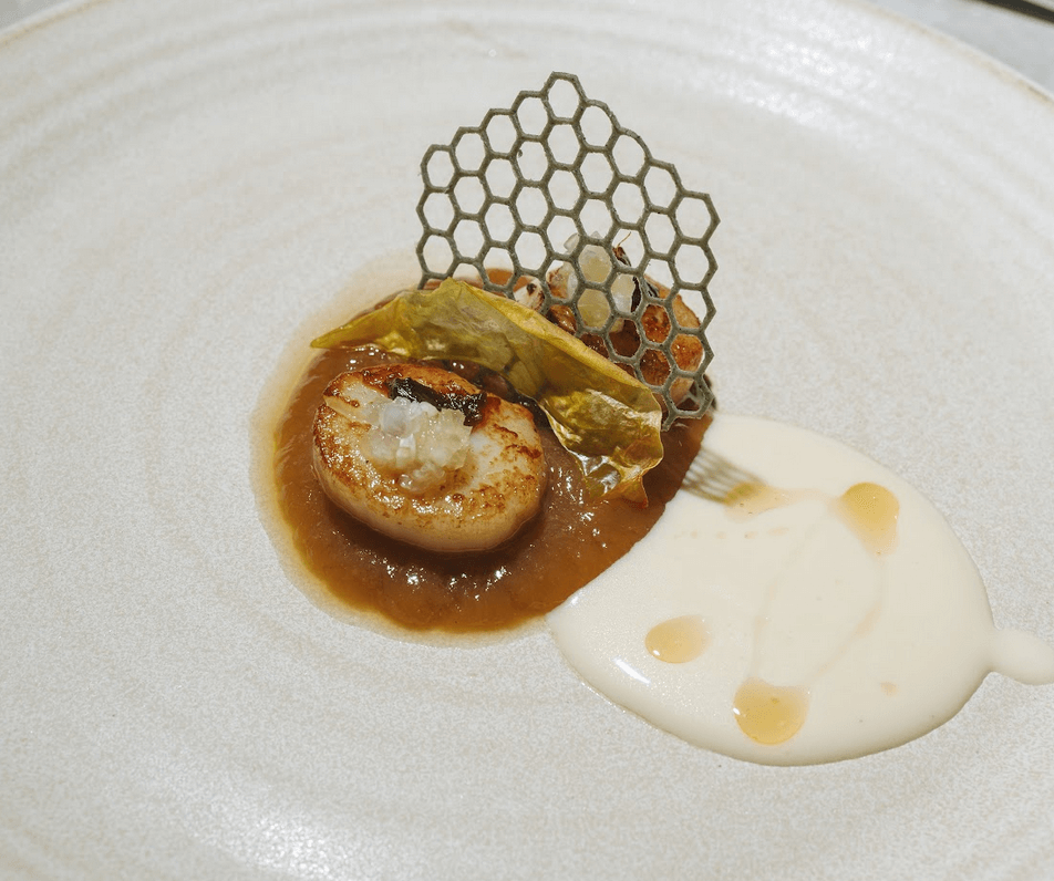 L-R, TOP TO BOTTOM: Scallops, Gamet Seaweed Champagne; Olive Oil Cake, Crème Anglaise, Salted Caramel; Japanese A5 Wagyu & Wagyu Bone Marrow Burnt Onion Jam; Iberico Secreto, Suman.