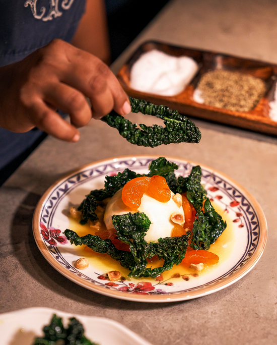 L-R, TOP TO BOTTOM: Burrata Apricot, Nancy’s Caesar, Grilled Iberico, Duck Ragù.