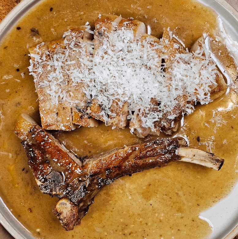 L-R: Pork Chop, Pecorino Romano, Sage; Seabass, Lobster, Cauliflower; Lamb Shank, Onion, Mint; Wagyu Tartare, Egg, Potato.