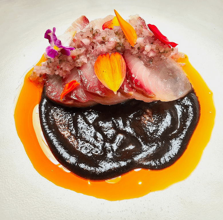 L-R: Hamachi, Black Olive, Chili; Burrata, Peach, White Balsamic; Mushroom, Comte, White Wine; Roast Chicken, Corn, Lemongrass.