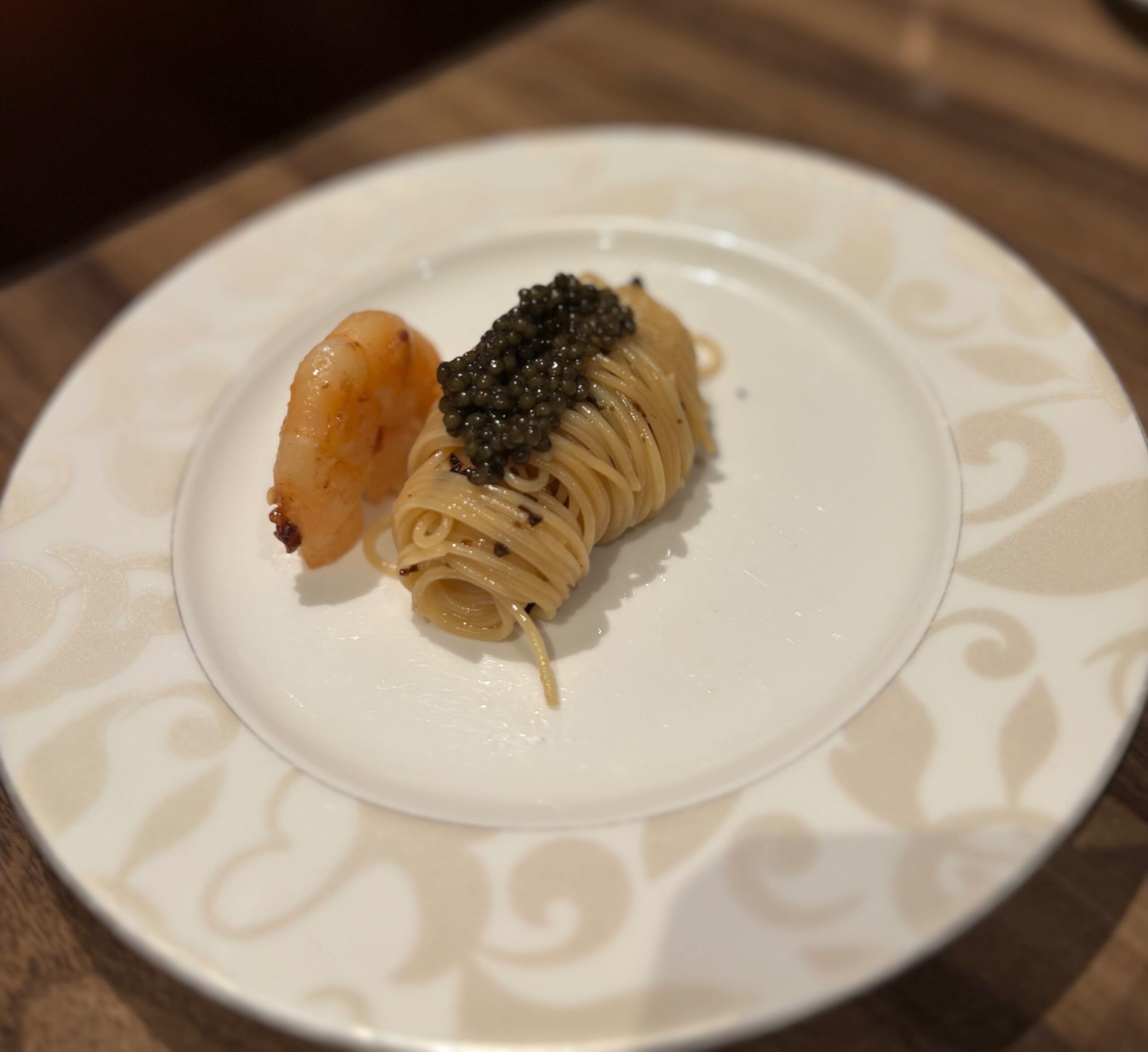 Reisei Pasta was served next, an indulgent cold truffle flavored pasta with seared prawn, topped with caviar