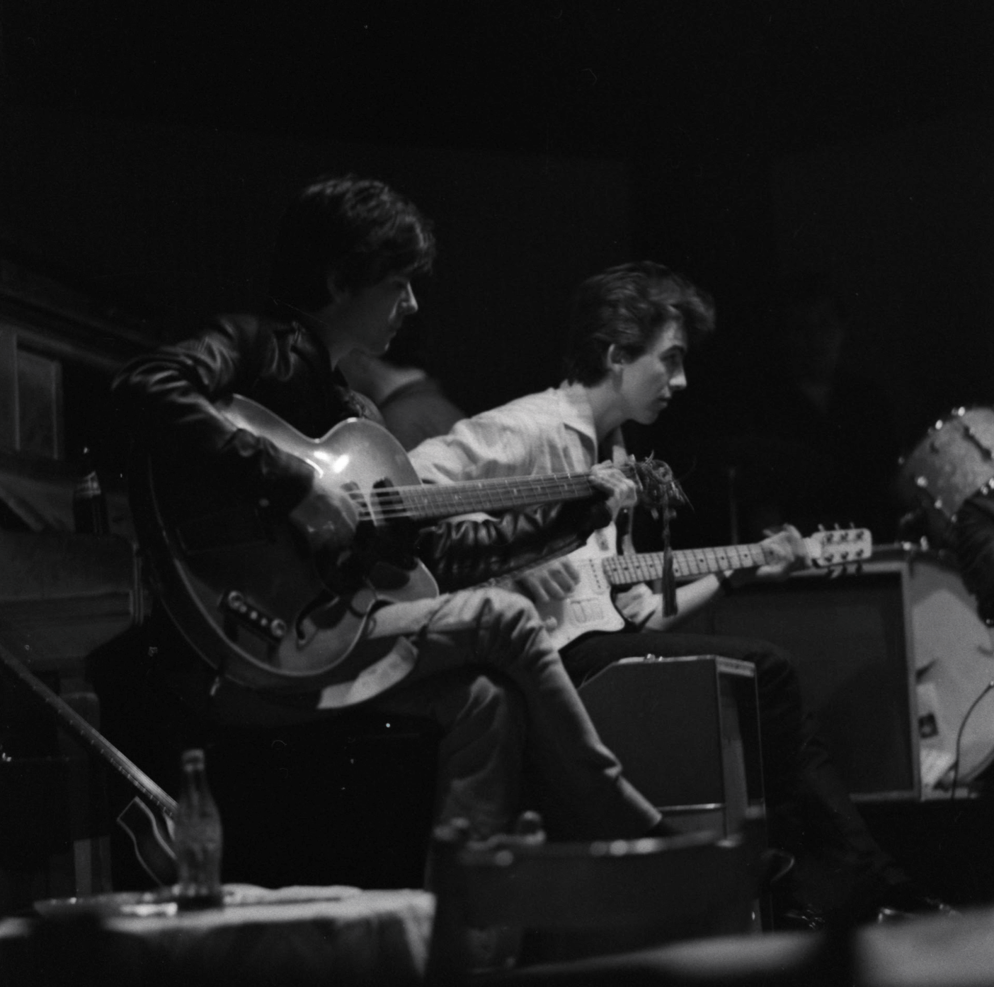 George Harrison with Futurama guitar at Top Ten Club, Hamburg, Germany; and Prince with his 1985 Sadowsky Telecaster-style electric guitar ‘Played, Worn, and Torn II’ Auction