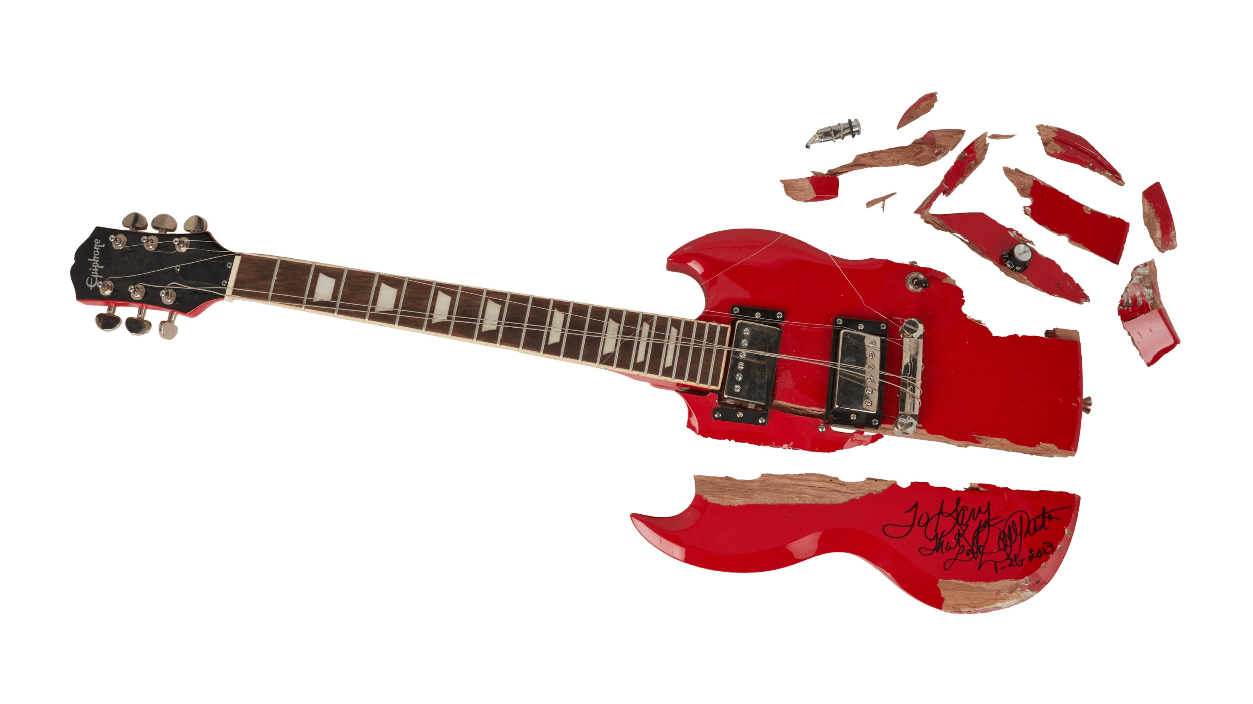 Dolly Parton’s Epiphone Power Players SG electric guitar in Lava Red finish ‘Played, Worn, and Torn II’