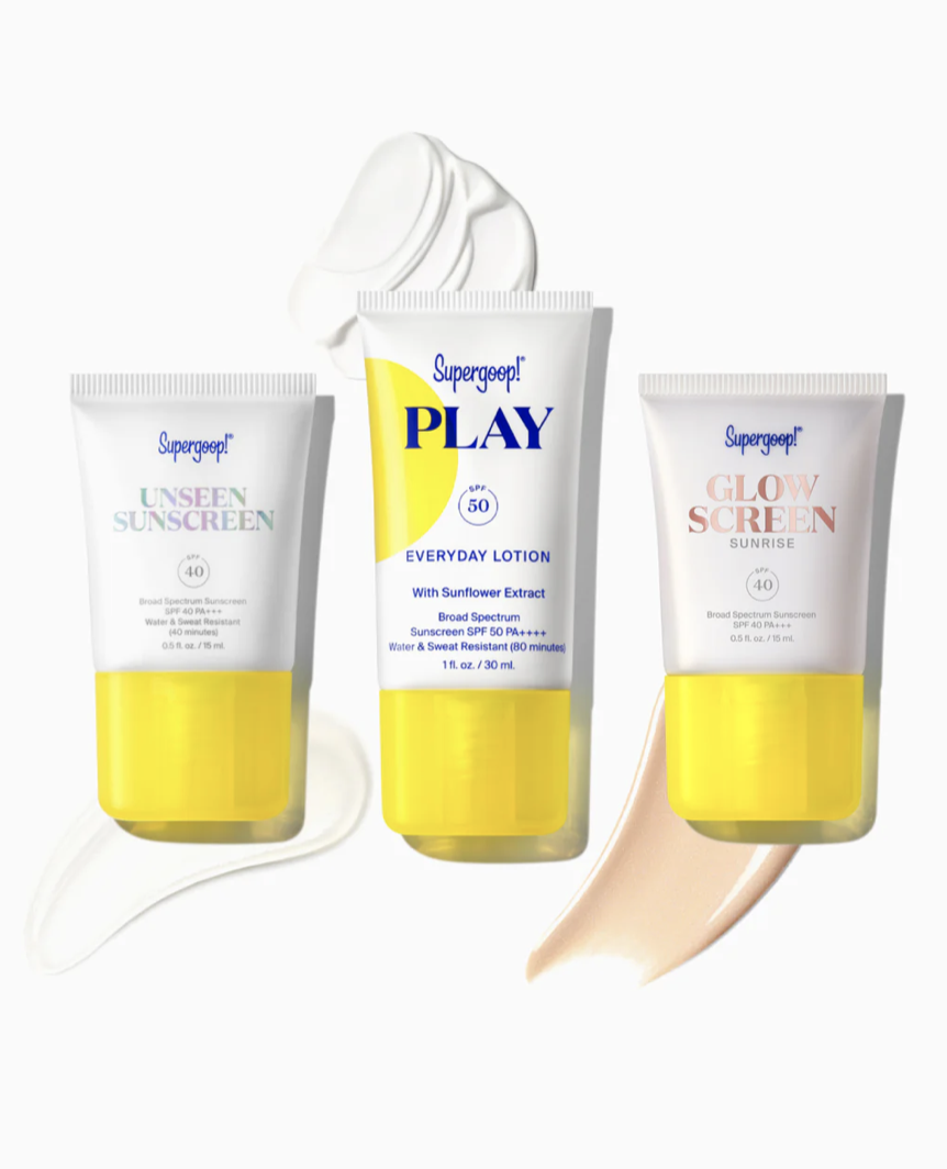 Supergoop sunscreen with Unseen Sunscreen, Glow Screen, and PLAY Everyday Lotion